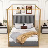 Low Queen Size Upholstered Canopy Bed Frame with Headboard