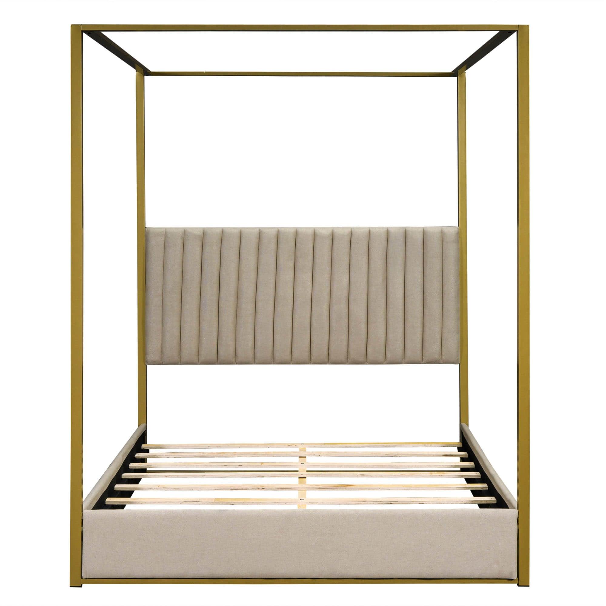 Low Queen Size Upholstered Canopy Bed Frame with Headboard