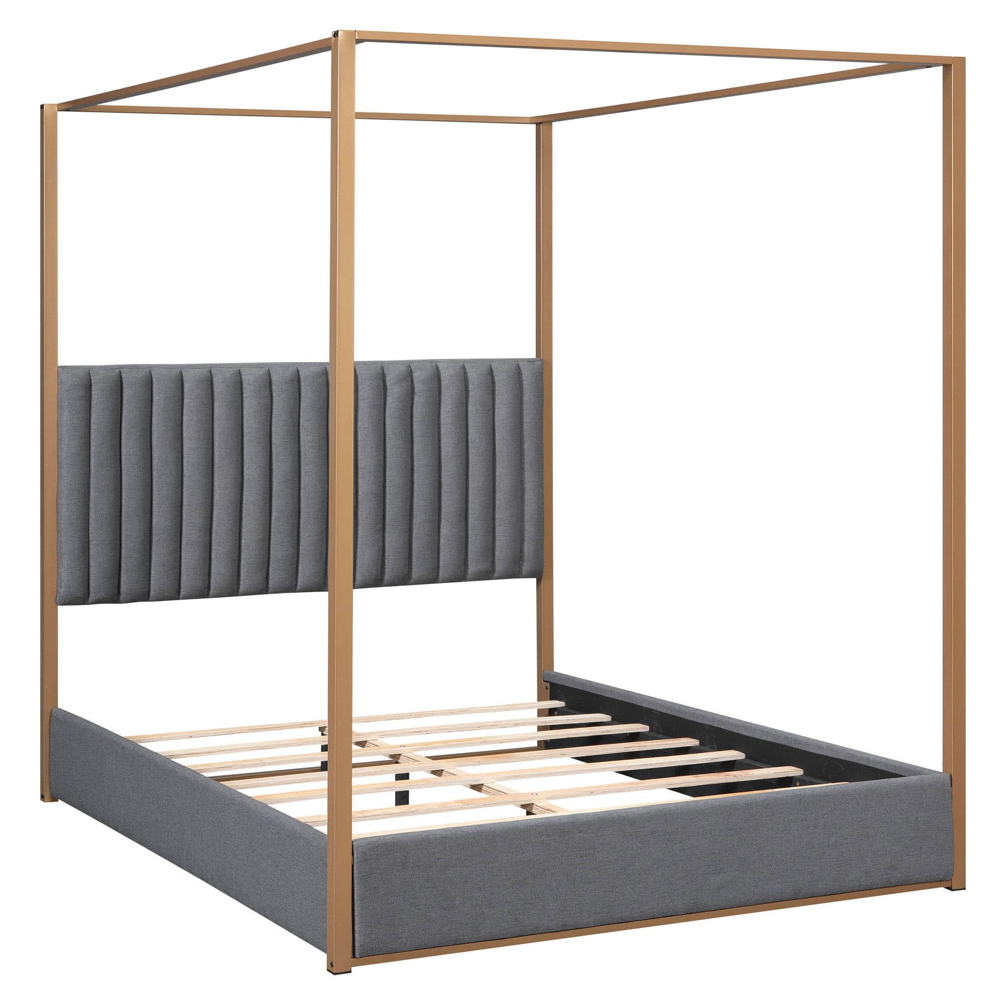 Low Queen Size Upholstered Canopy Bed Frame with Headboard