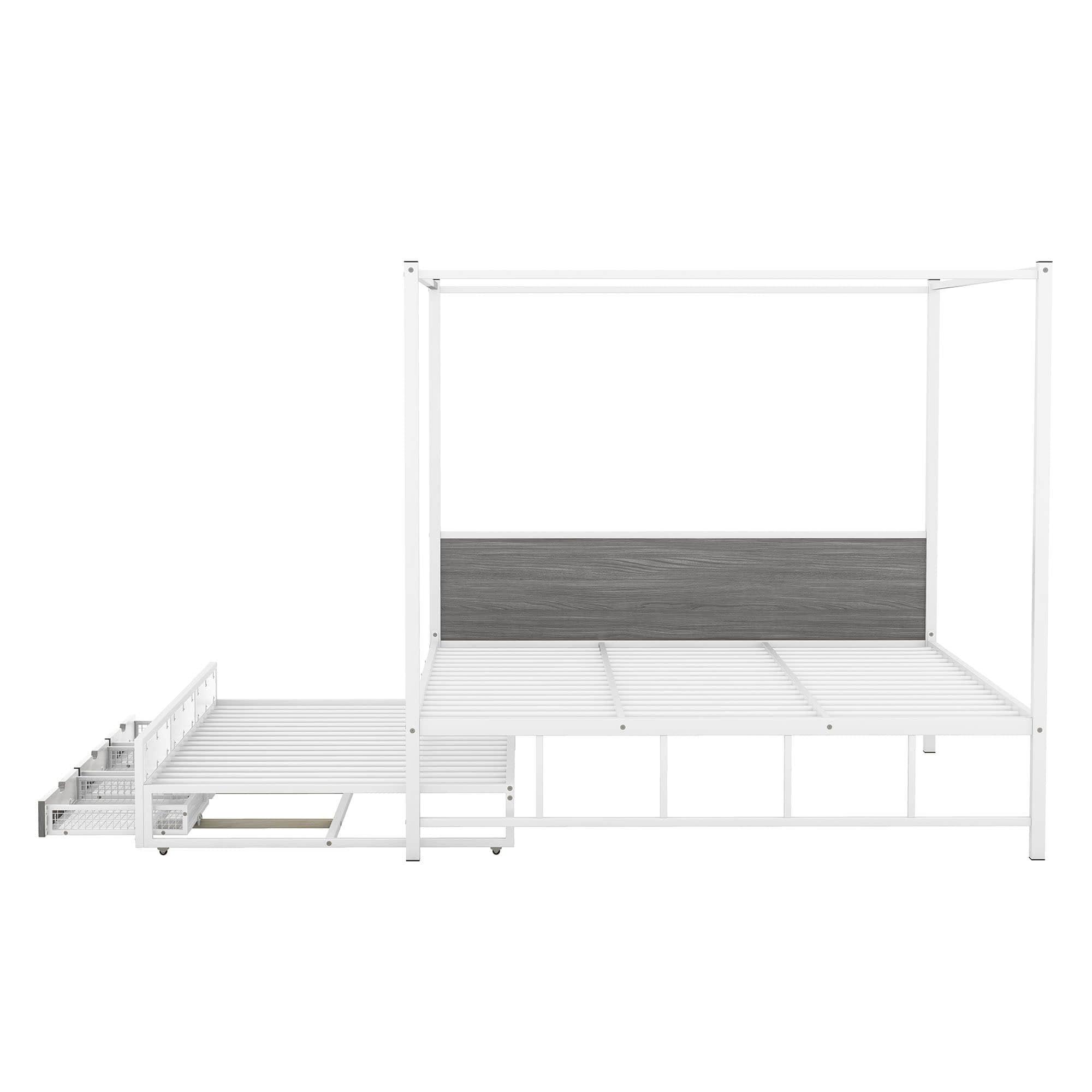 Metal Queen Canopy Bed Frame with Headboard and Storage, Trundle Bed