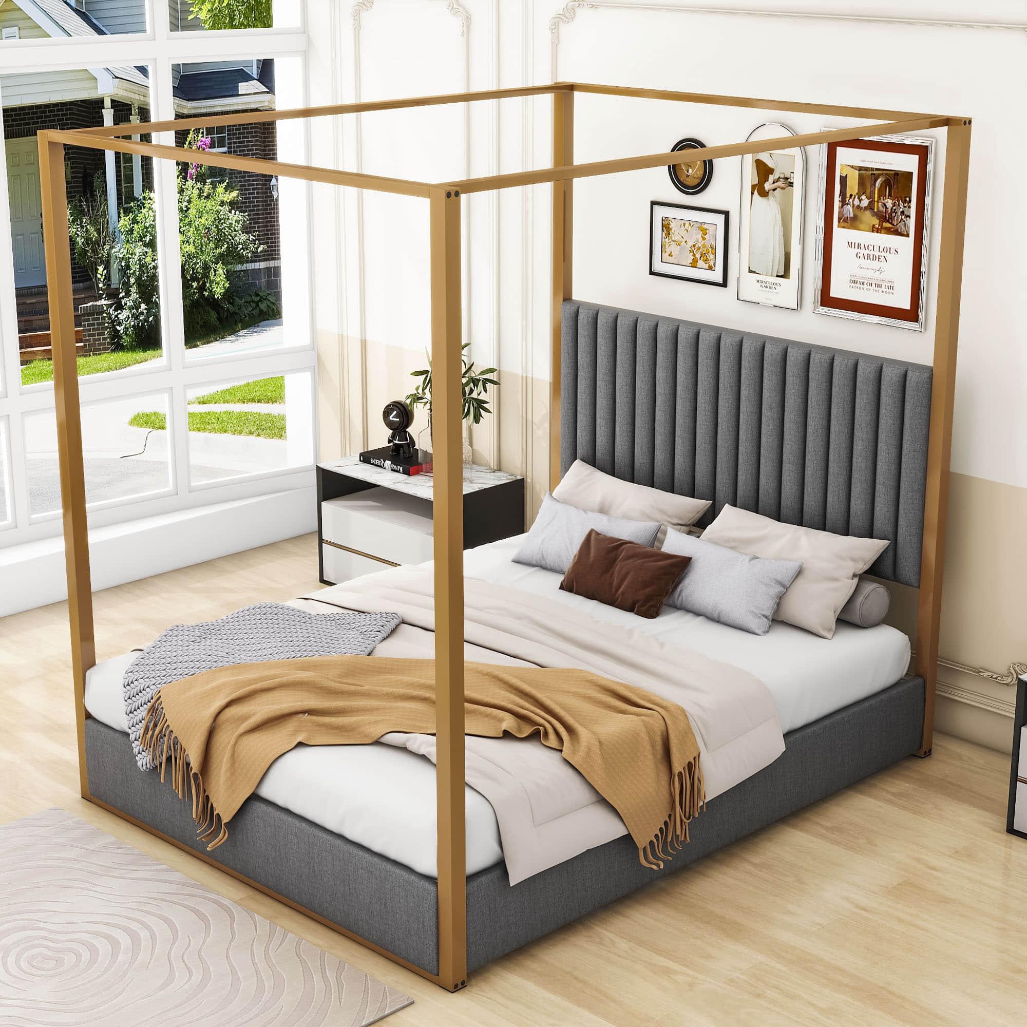 Low Queen Size Upholstered Canopy Bed Frame with Headboard