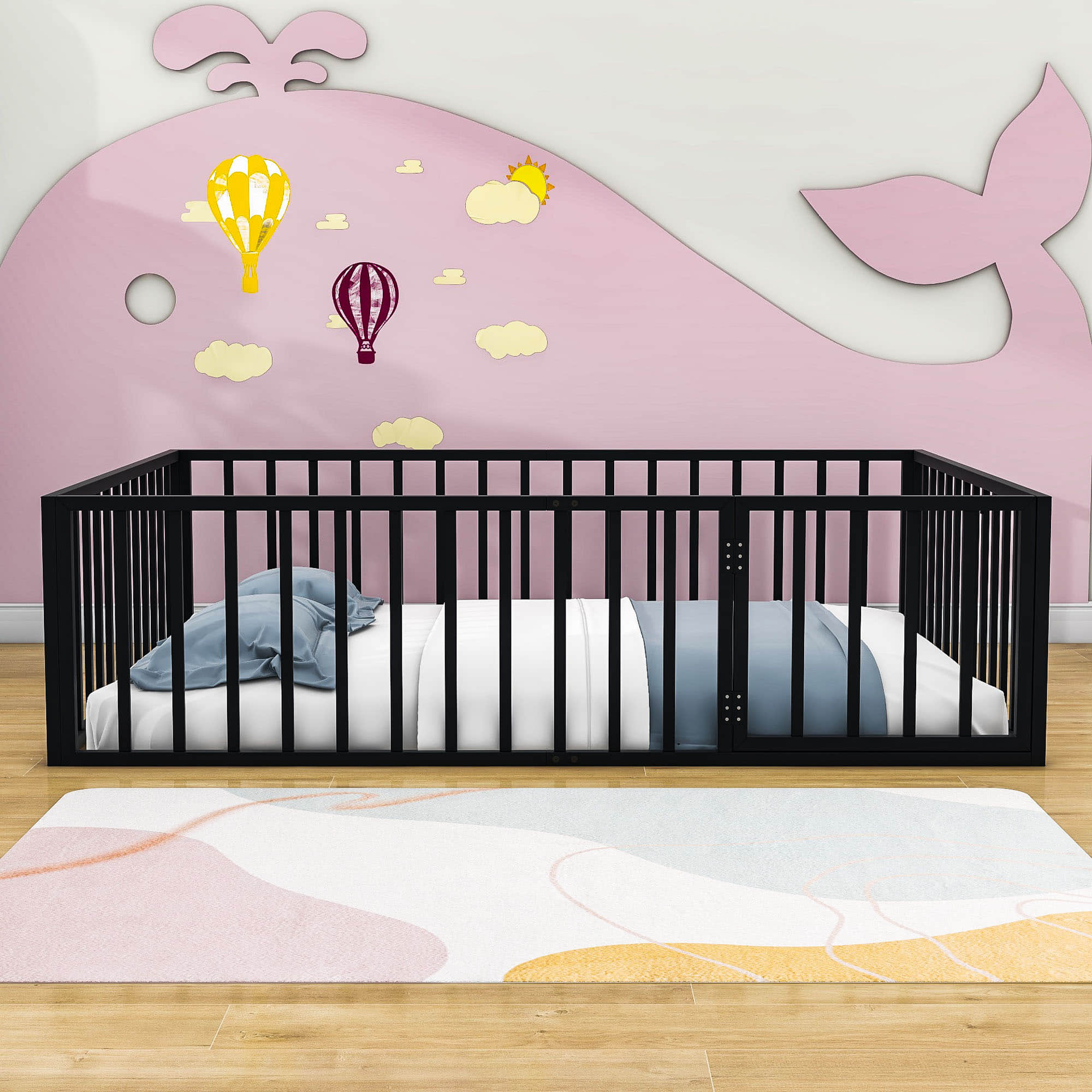 Metal Montessori Queen Toddler Floor Bed with Rails for Kids