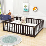 Wooden Queen Size Floor Toddler Bed with Rails and Door