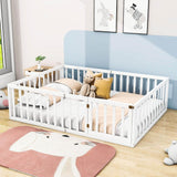 Wooden Queen Size Floor Toddler Bed with Rails and Door