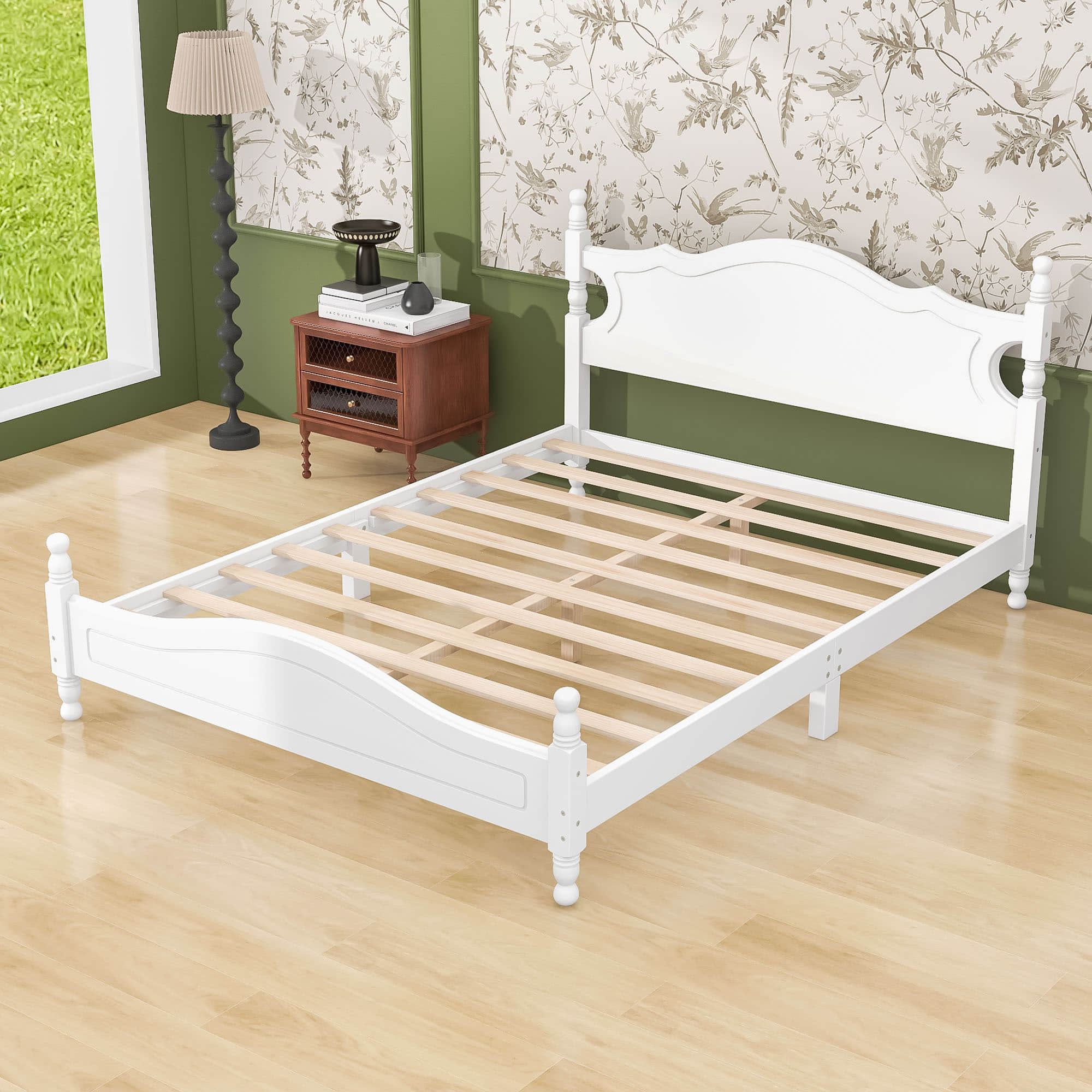 Traditional Wood Queen Size Low Profile Platform Bed Frame with Headboard