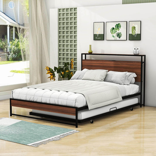 Full Size Smart Platform Bed with Twin Trundle Bed and Shelf Headboard