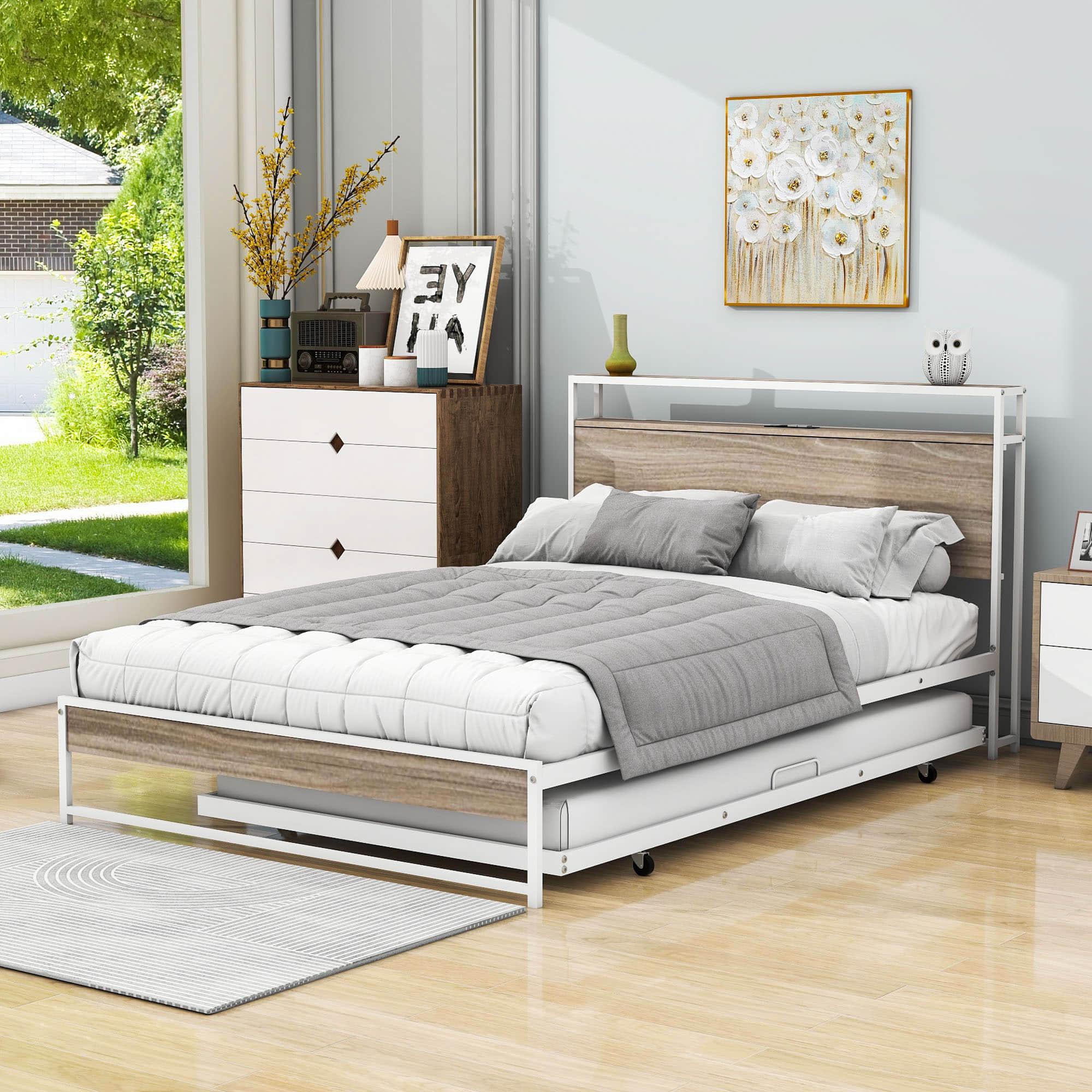 Full Size Smart Platform Bed with Twin Trundle Bed and Shelf Headboard