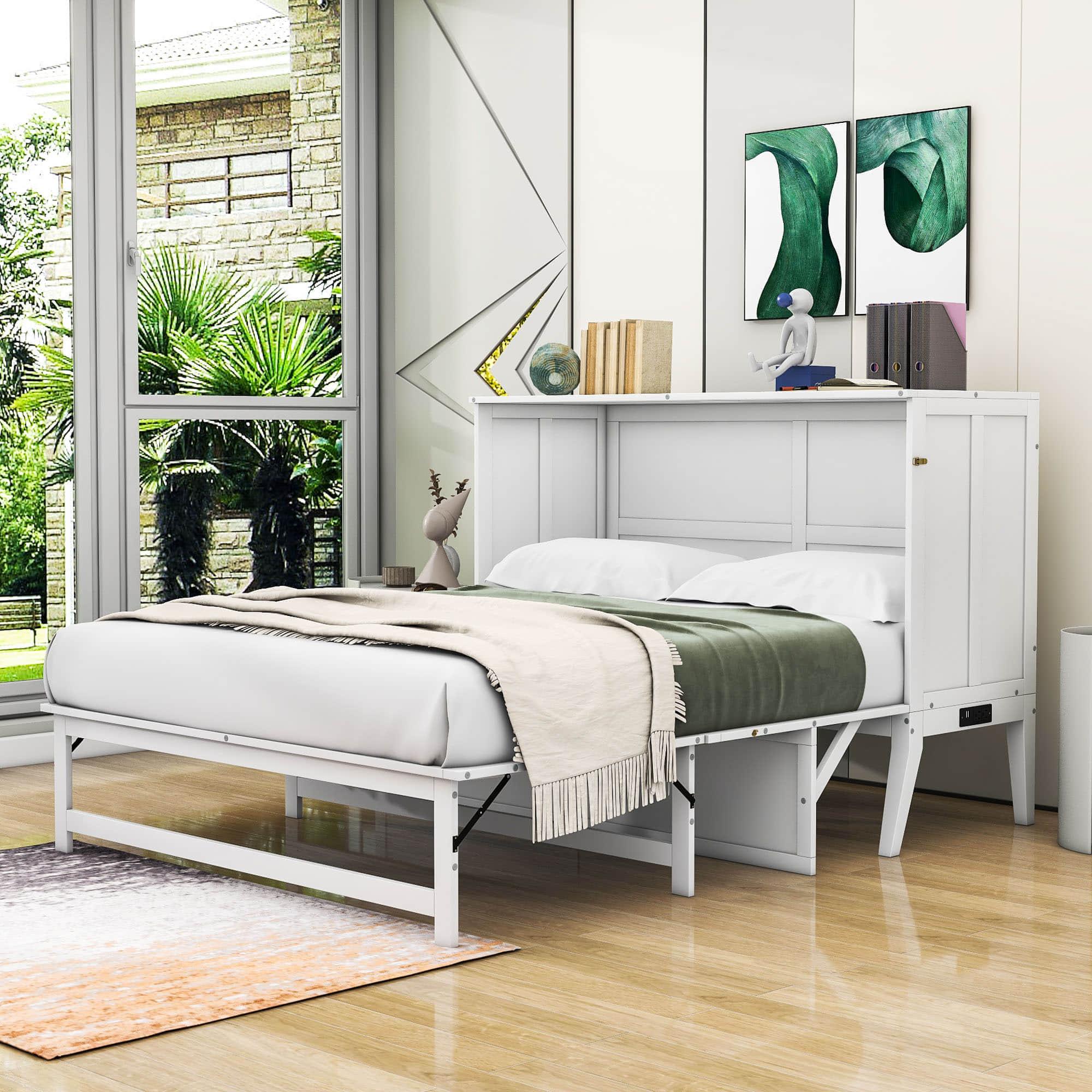 White Queen Murphy Bed with Built-In Charging Station and Shelf