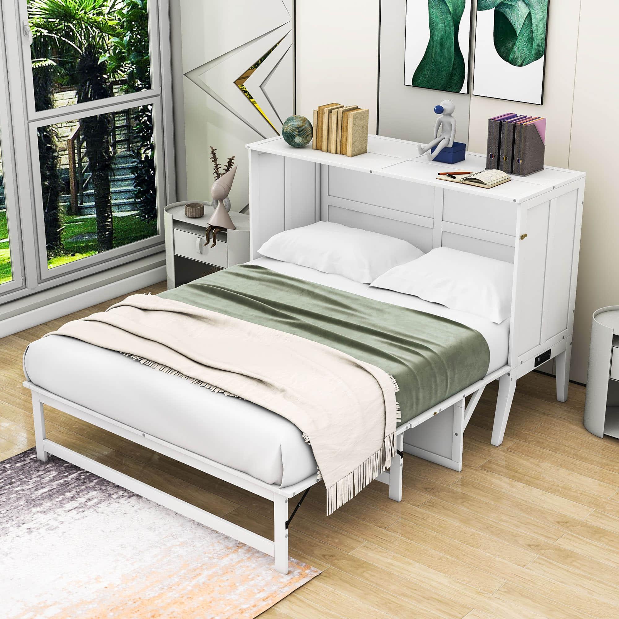 White Queen Murphy Bed with Built-In Charging Station and Shelf