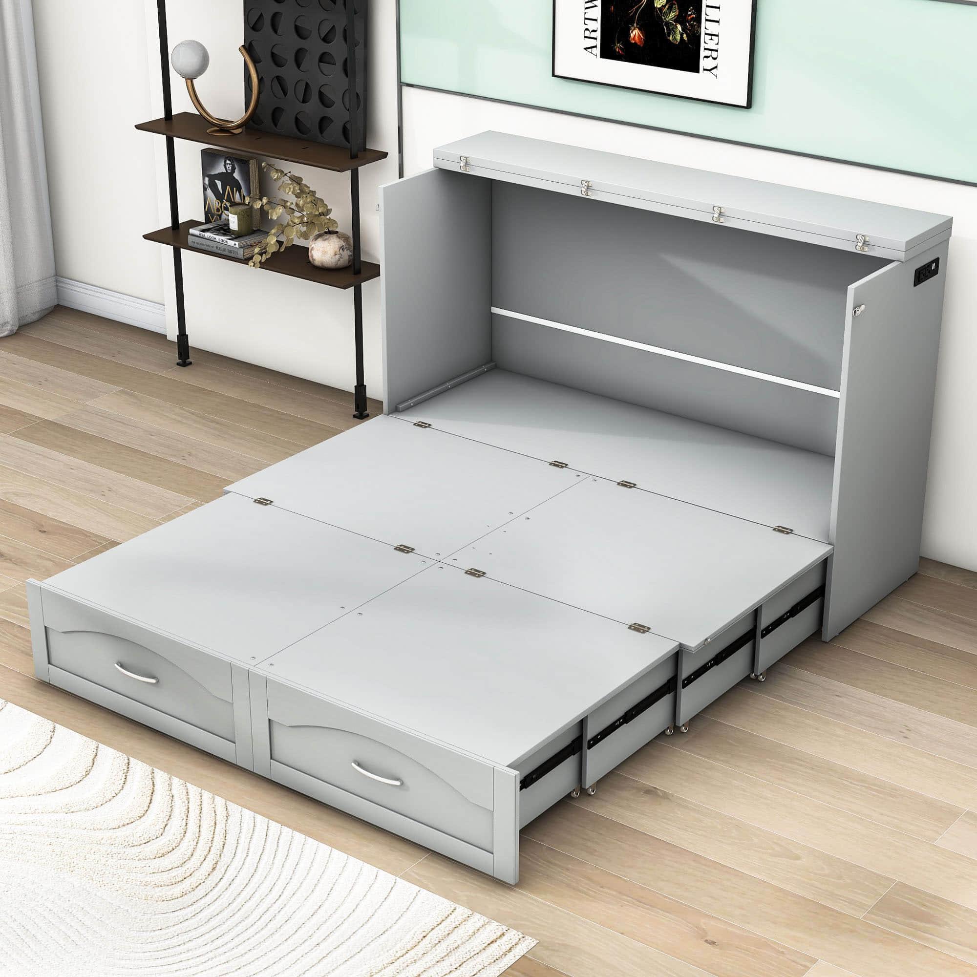 Queen Murphy Bed Wall Bed with Storage Drawer and Sockets & USB Ports