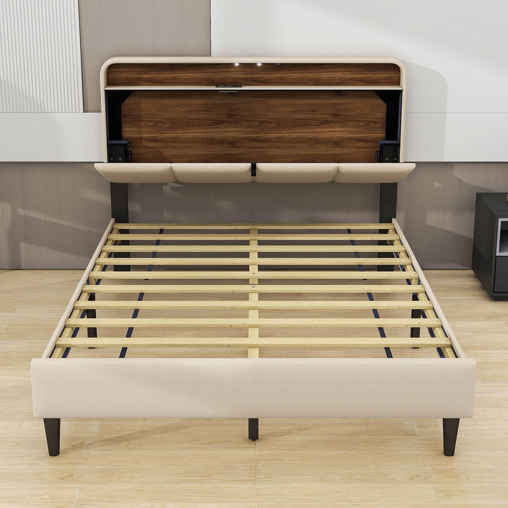 Smart Upholstered Queen Size Platform Bed Frame with Storage Headboard