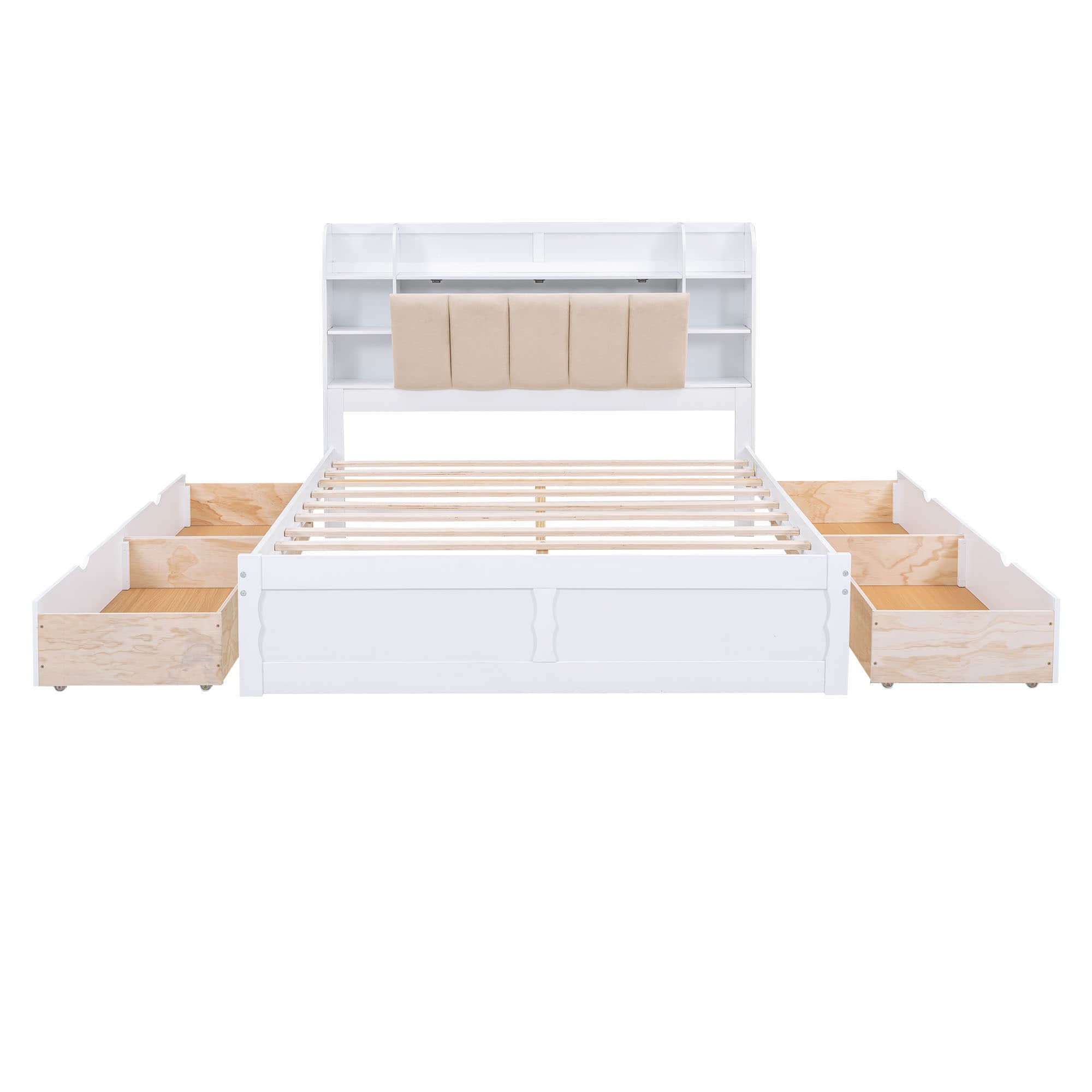 Wood Queen Platform Bed Frame with Storage Headboard and Drawers