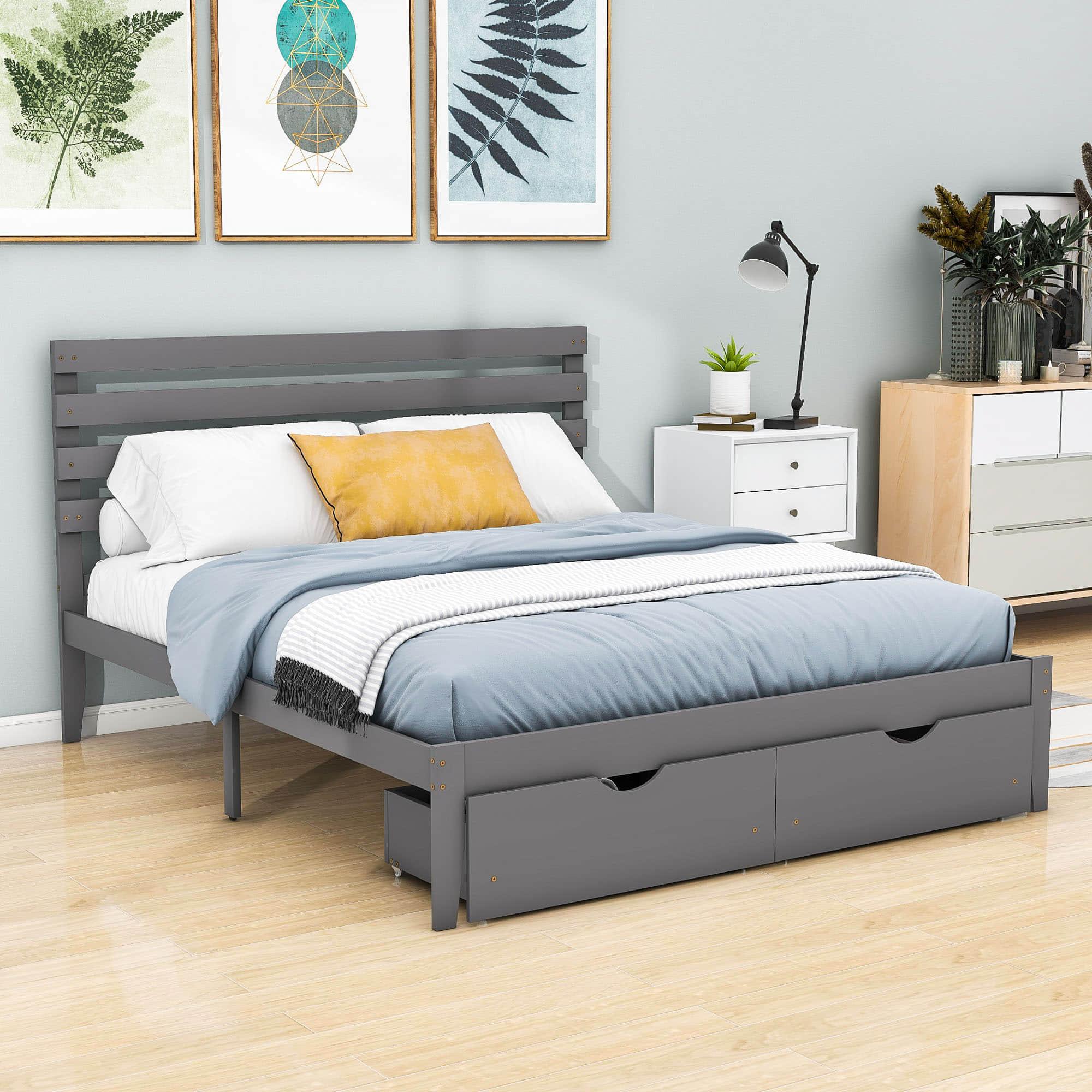 Queen Size Platform Bed with Storage and Headboard - [Wood]