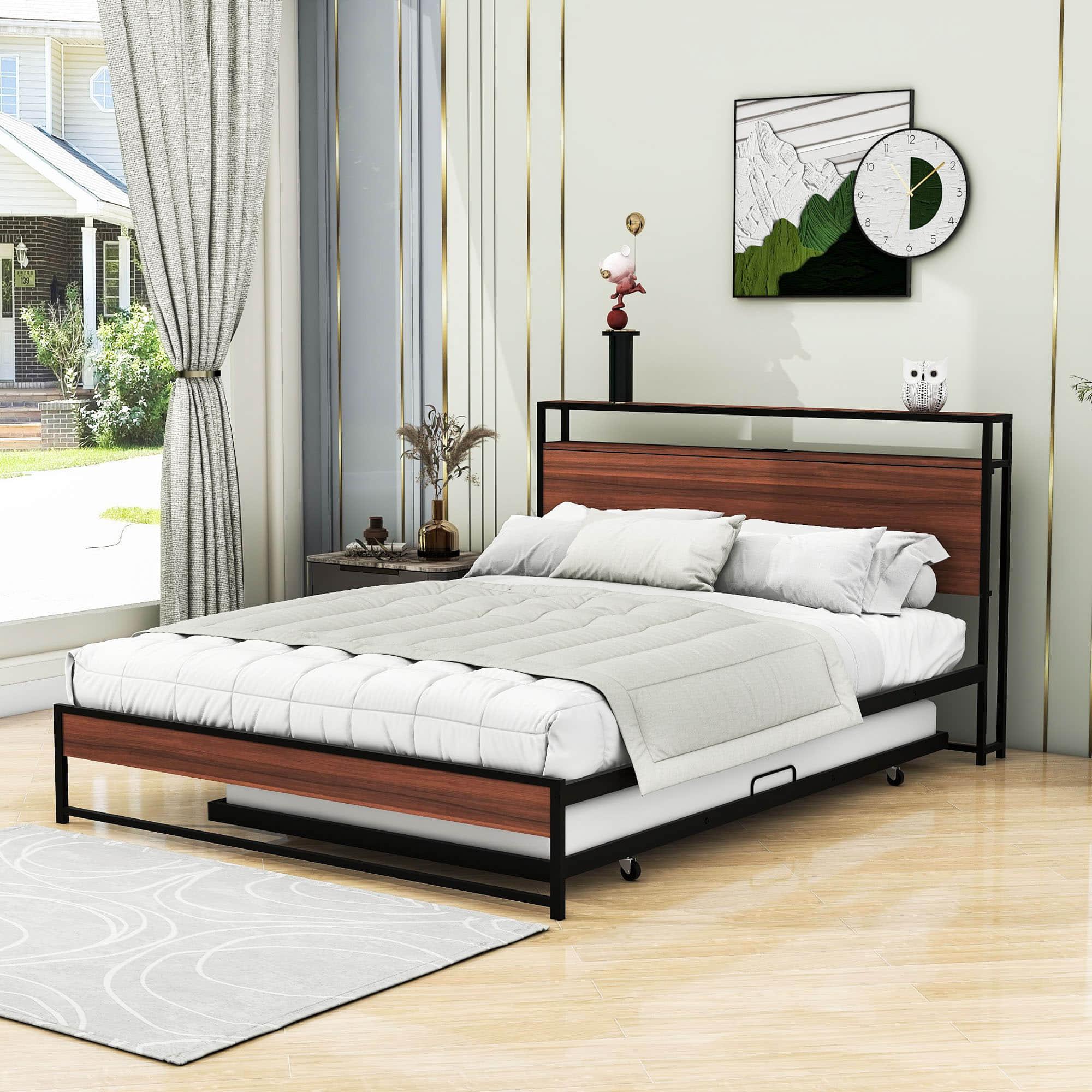 Metal Queen Size Smart Platform Bed with Twin Trundle Bed and Shelf Headboard