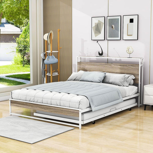 Metal Queen Size Smart Platform Bed with Twin Trundle Bed and Shelf Headboard