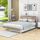 Metal Queen Size Smart Platform Bed with Twin Trundle Bed and Shelf Headboard