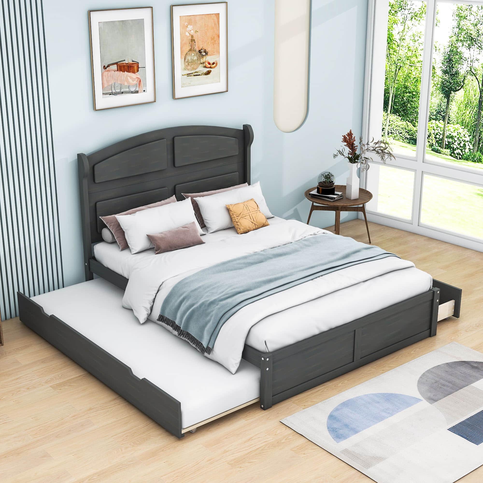 Wooden Queen Size Platform Bed with Twin Trundle Bed and Storage - [Headboard]