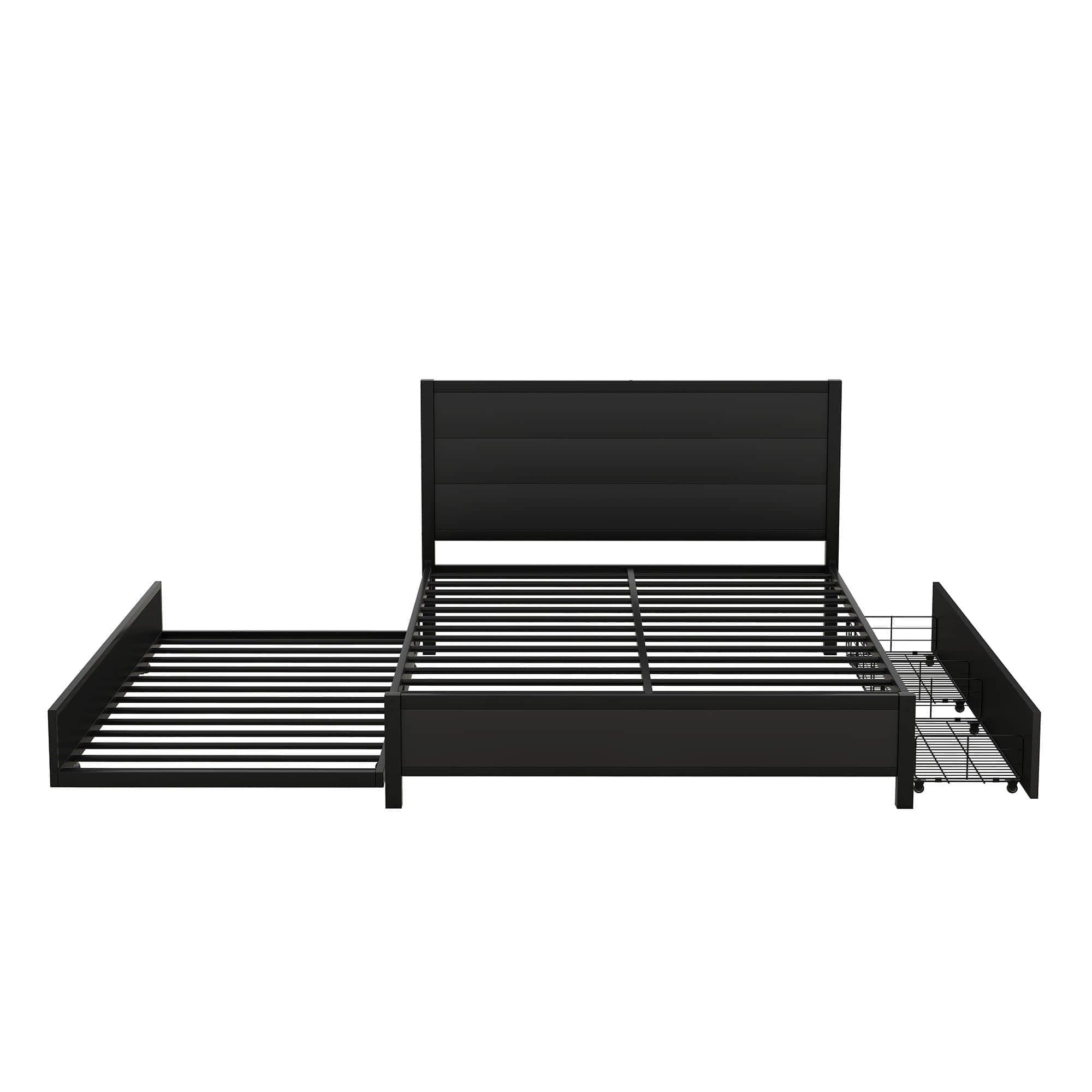 Metal Queen Size Storage Platform Bed with Twin Trundle Bed