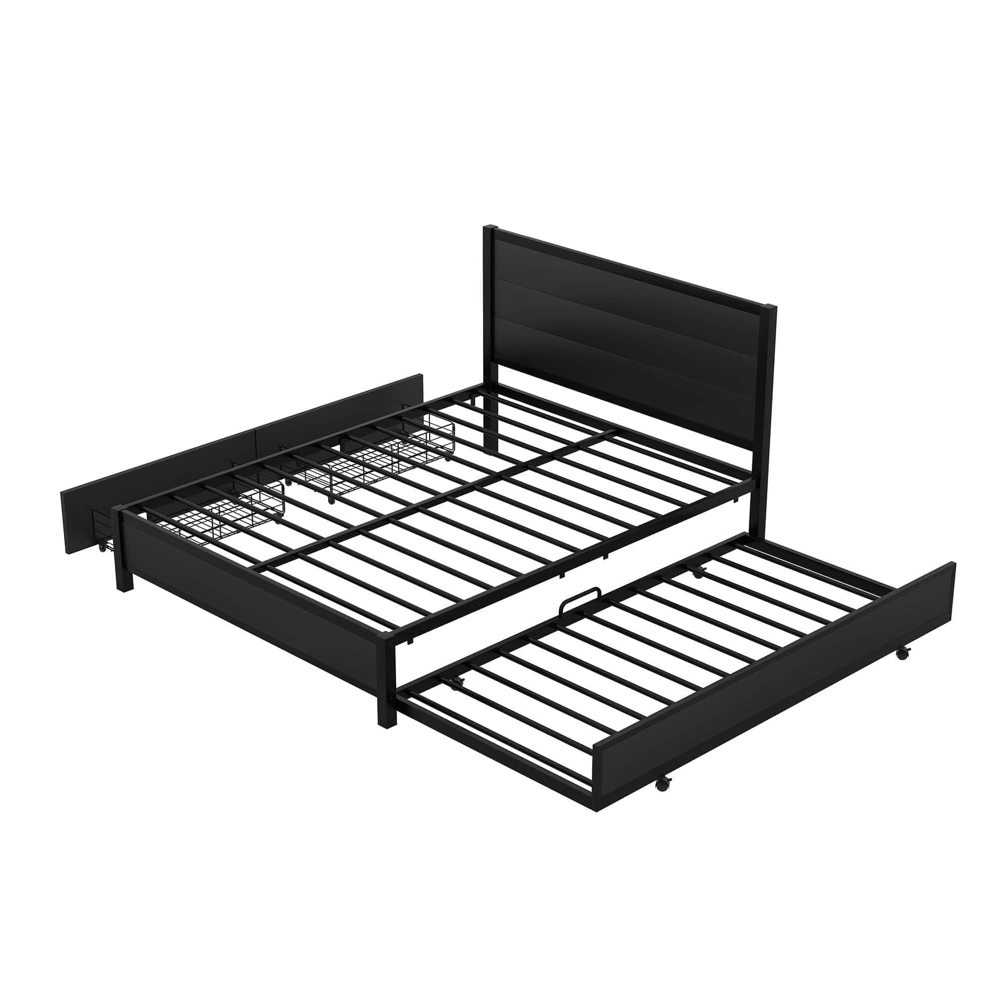 Metal Queen Size Storage Platform Bed with Twin Trundle Bed