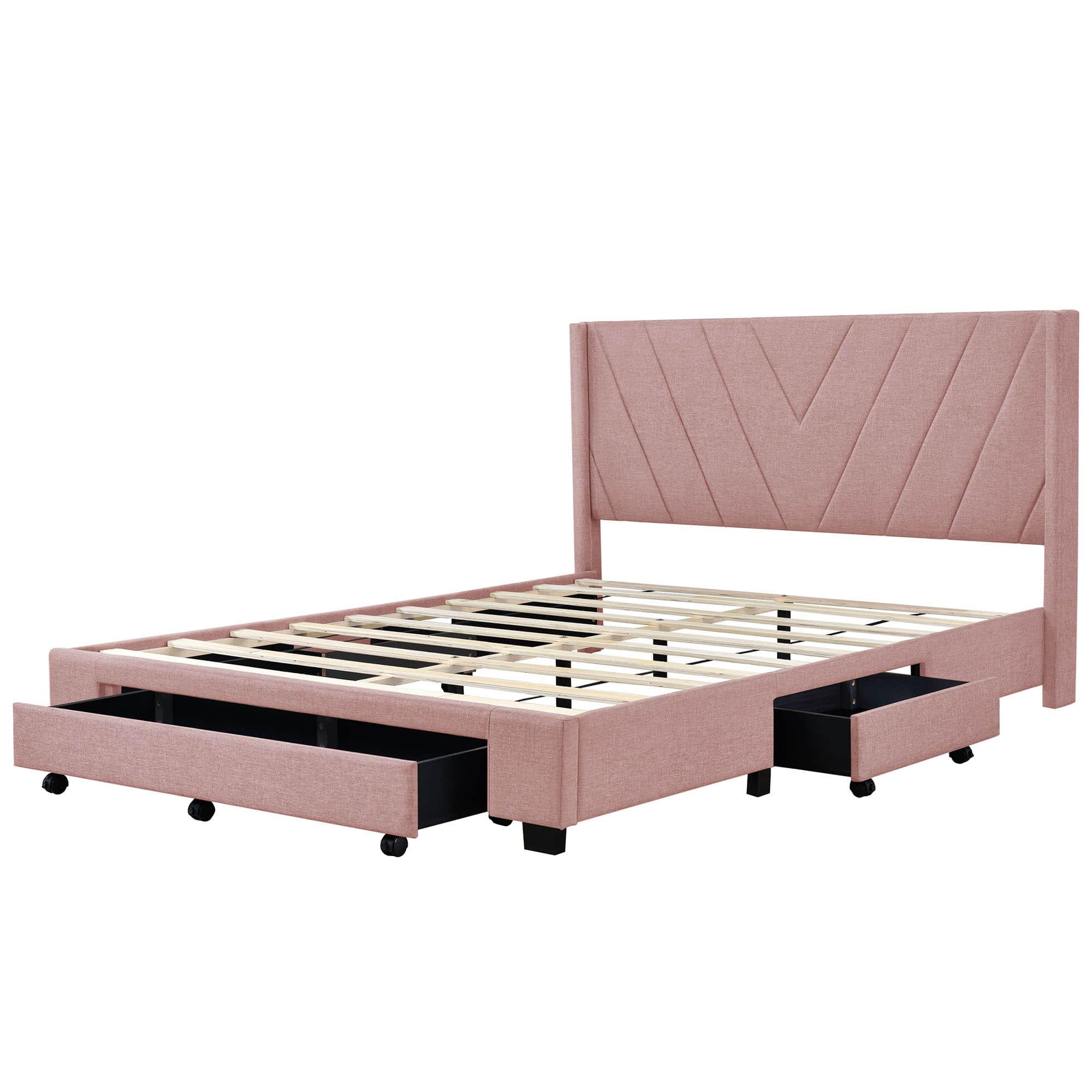 Queen Size Upholstered Platform Bed with Storage and Headboard - [Drawers, Linen]