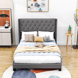 Queen Size Linen Upholstered Bed Frame with Tufted Headboard