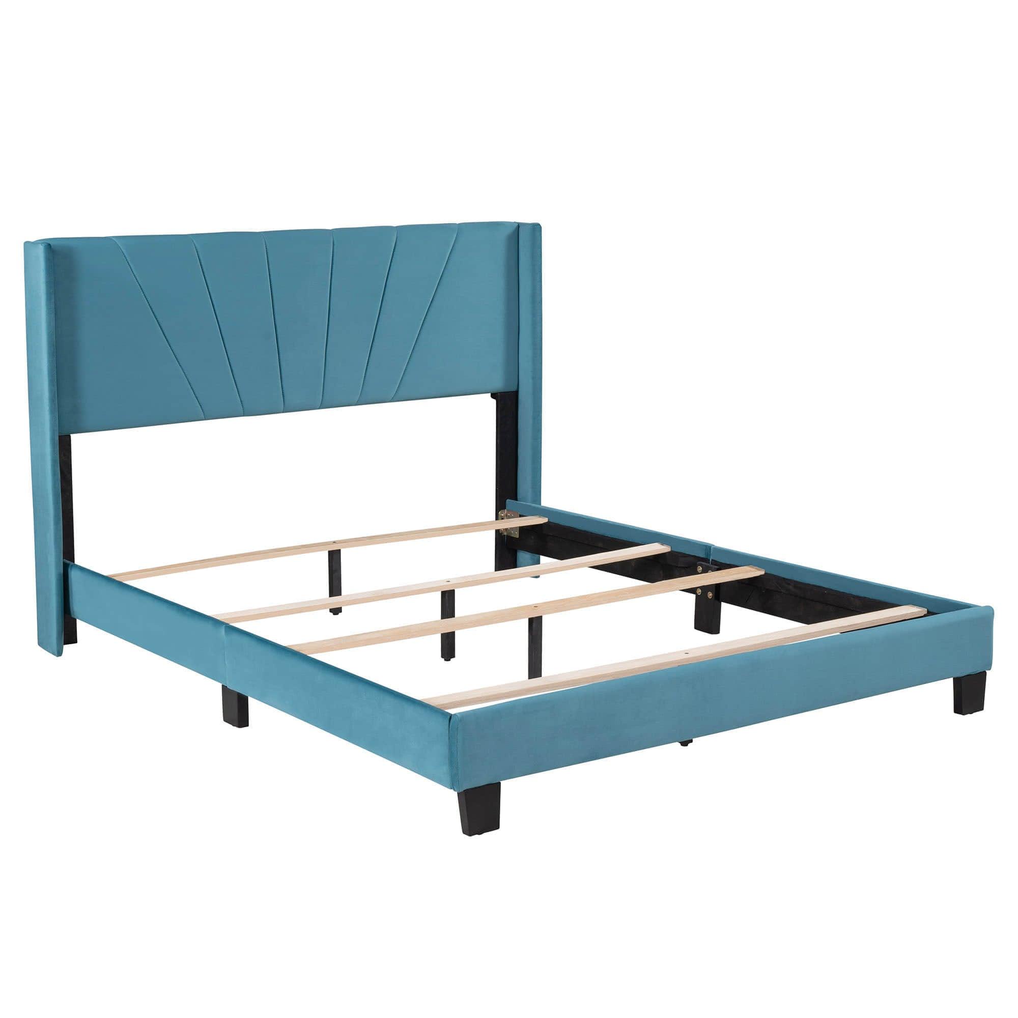 Queen Size Velvet Upholstered Platform Bed Frame with Headboard