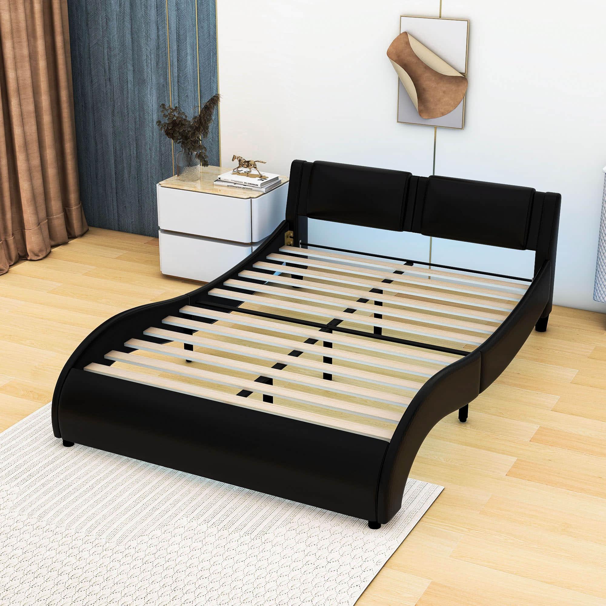 Modern Queen Upholstered Platform Bed Frame with Headboard and Lights