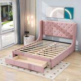 Queen Upholstered Bed Frame with Wingback Headboard and Storage