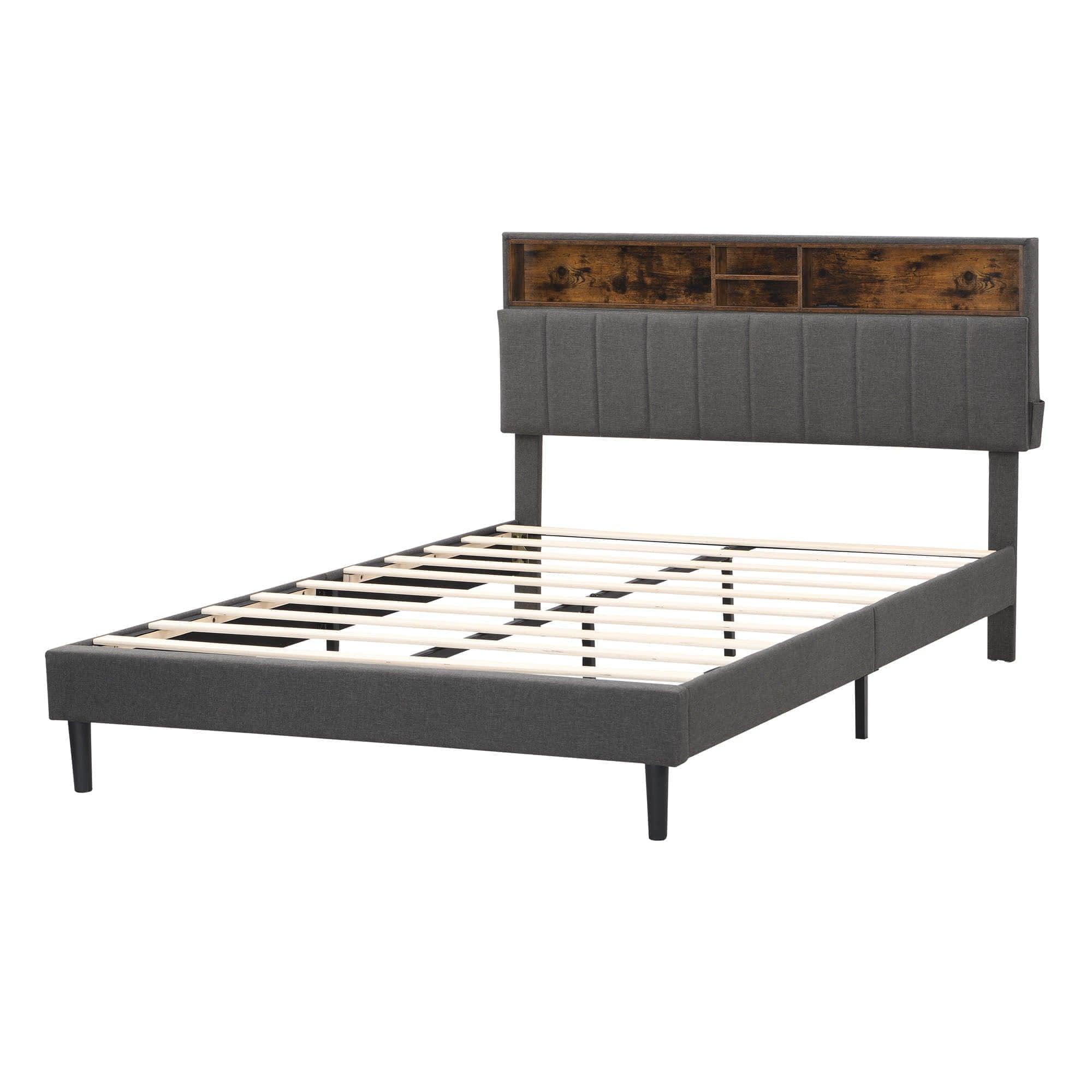 Mid-Century Modern Queen Size Upholstered Platform Bed Frame with Storage