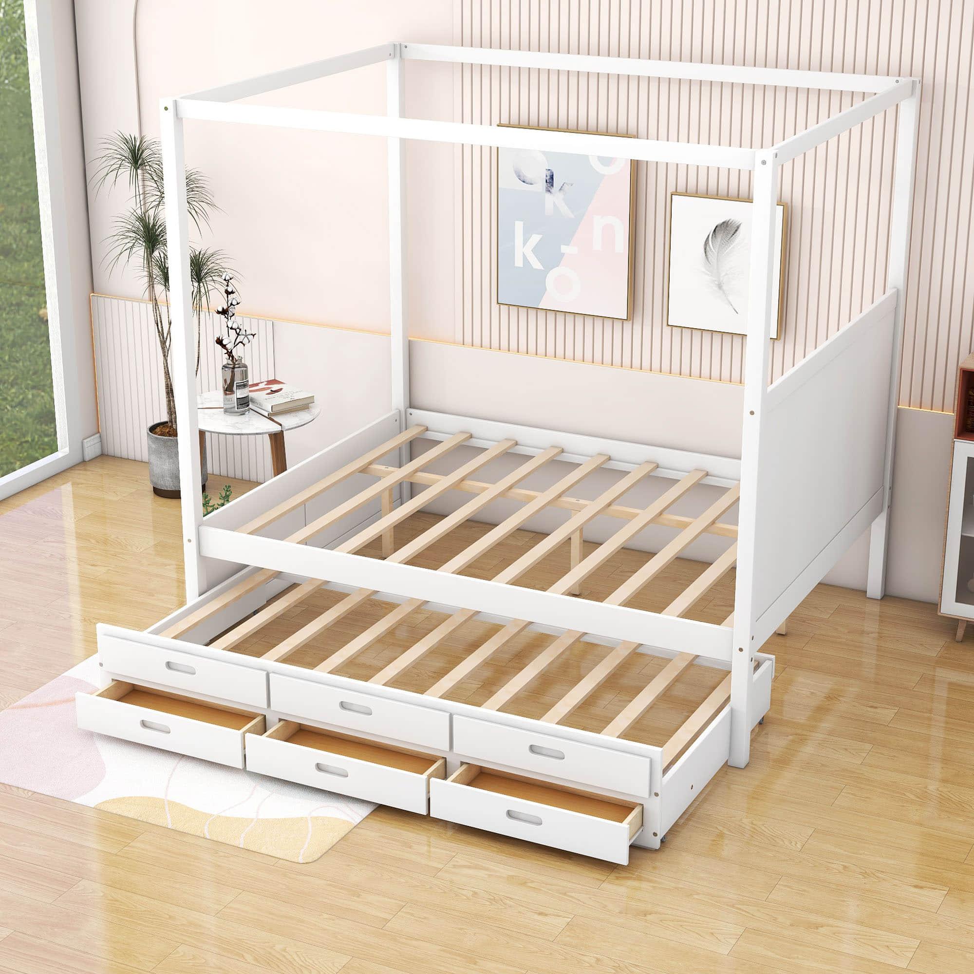 Queen Size Captain's Canopy Bed with Twin Trundle Bed and Storage - [Wooden, Drawers]