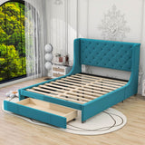 Queen Upholstered Bed Frame with Wingback Headboard and Storage