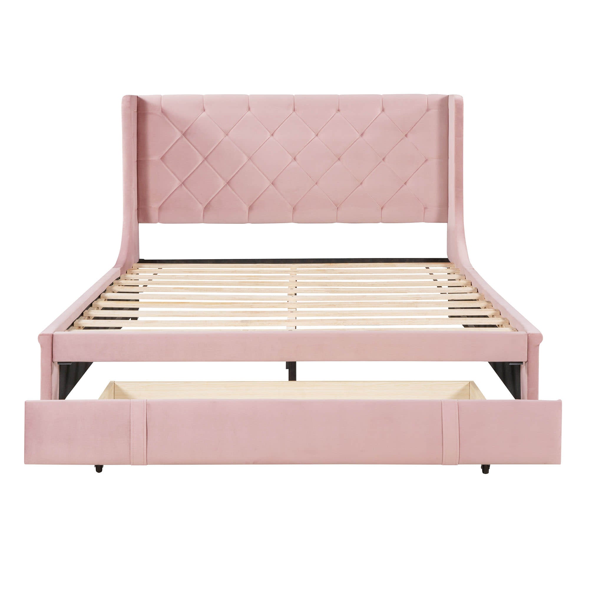 Queen Upholstered Bed Frame with Wingback Headboard and Storage