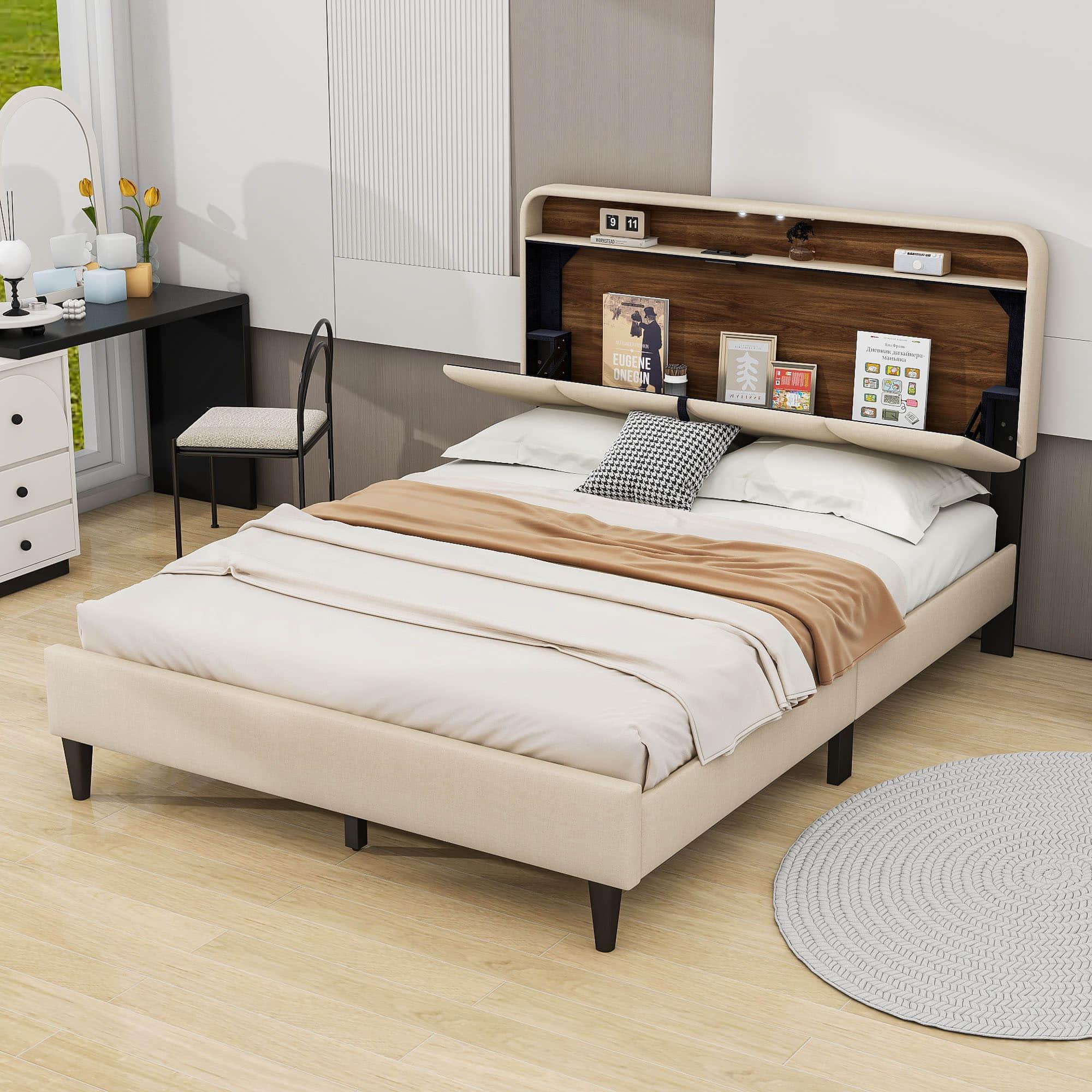 Smart Upholstered Queen Size Platform Bed Frame with Storage Headboard