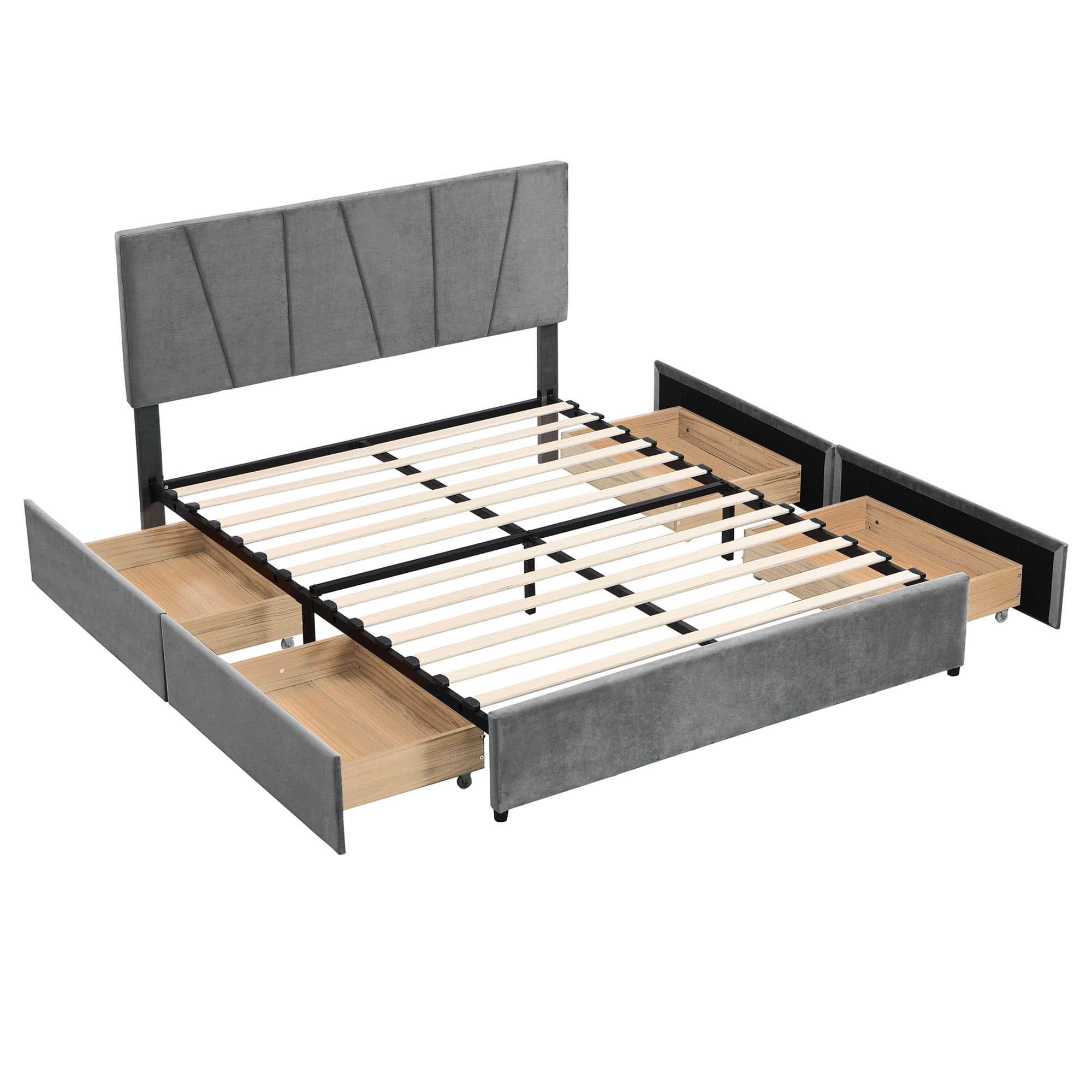 Queen Size Upholstered Platform Bed with Headboard and Storage - [4 Drawers, Velvet]