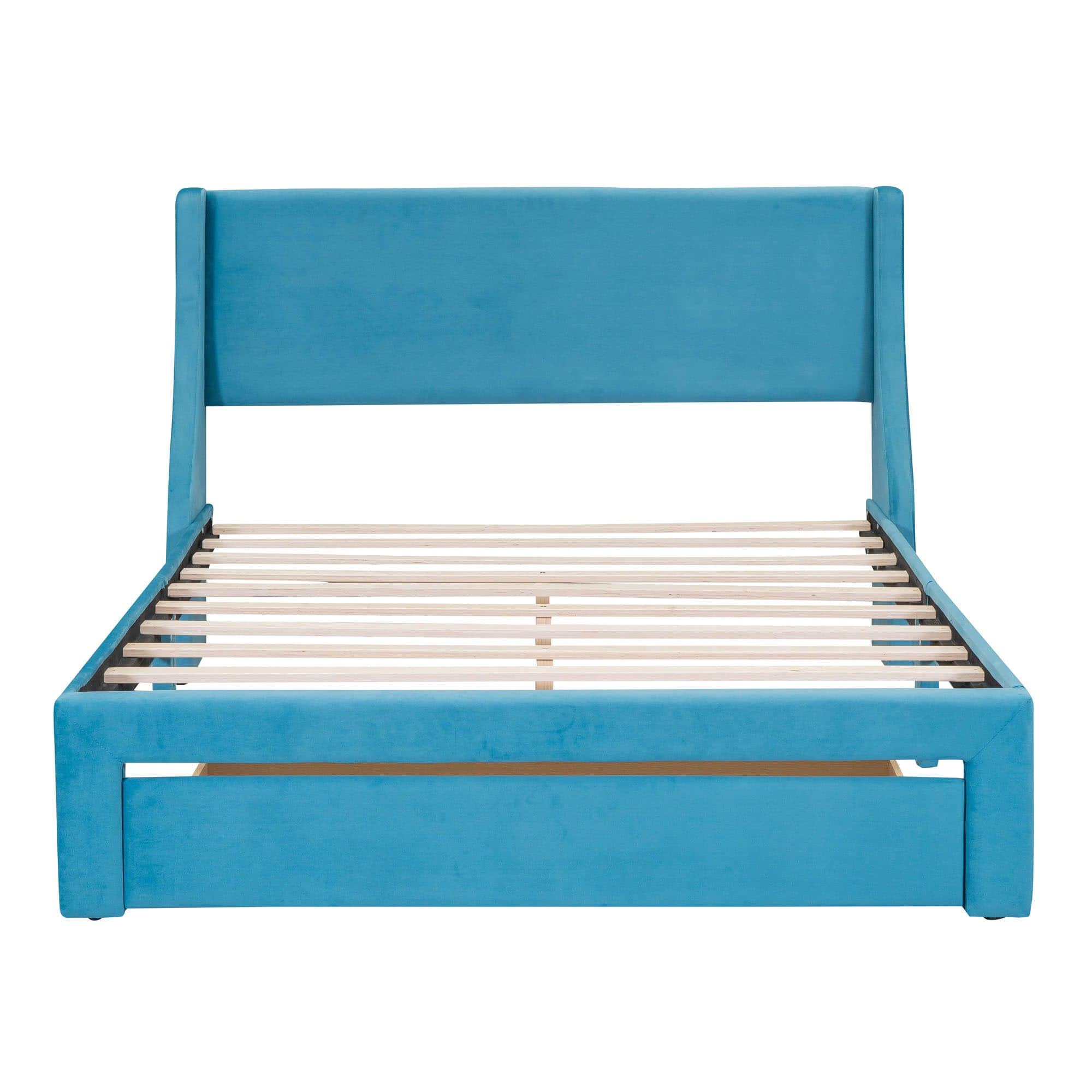 Velvet Upholstered Queen Size Platform Storage Bed with Headboard - [Drawer]