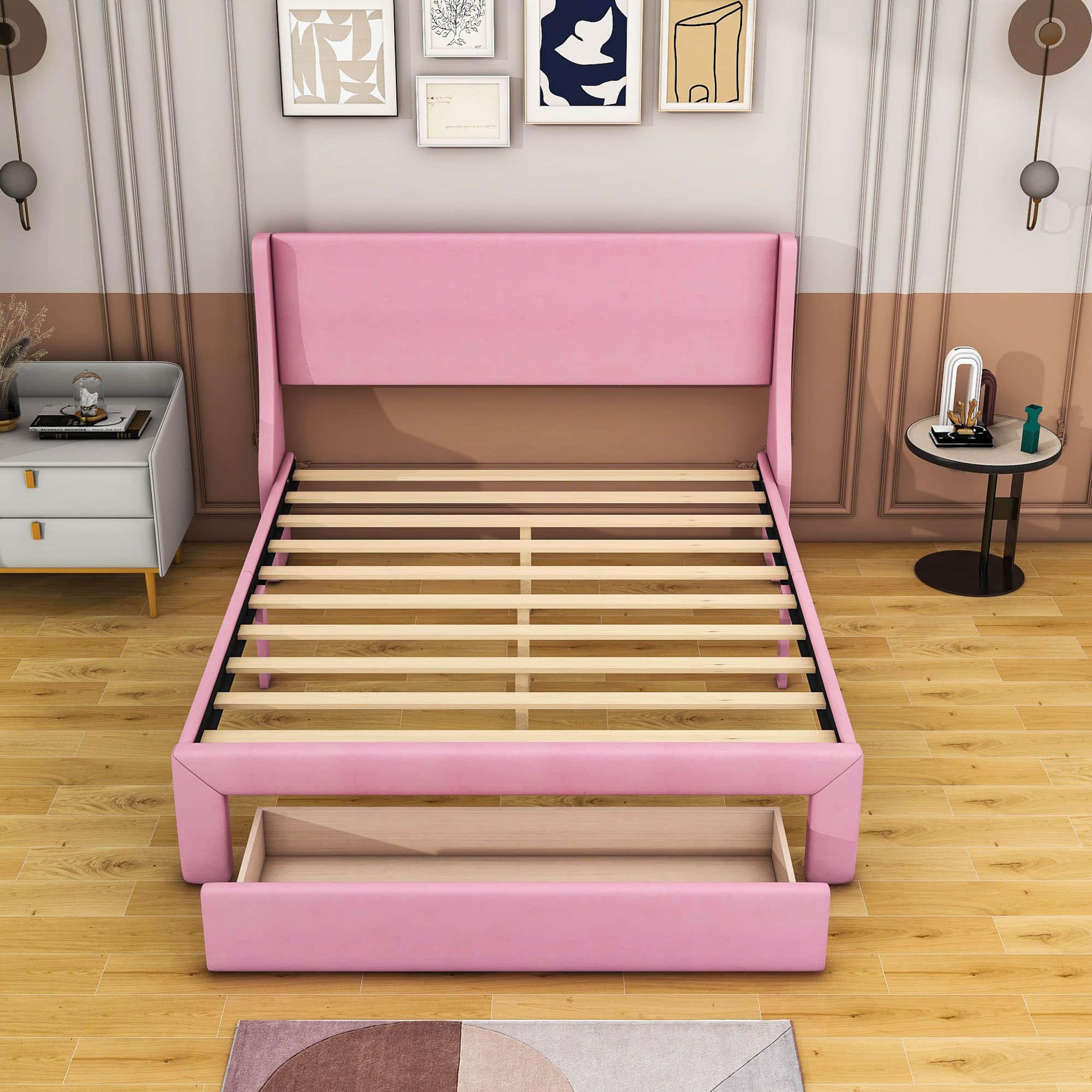 Velvet Upholstered Queen Size Platform Storage Bed with Headboard - [Drawer]