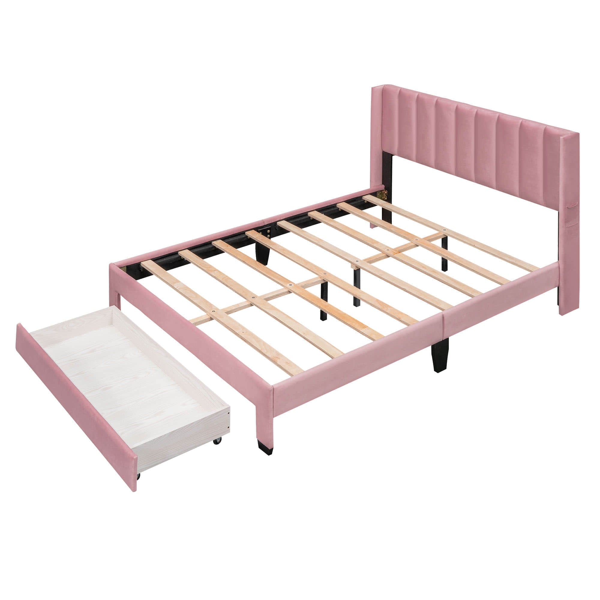 Velvet Queen Size Upholstered Platform Bed Frame with Headboard and Storage