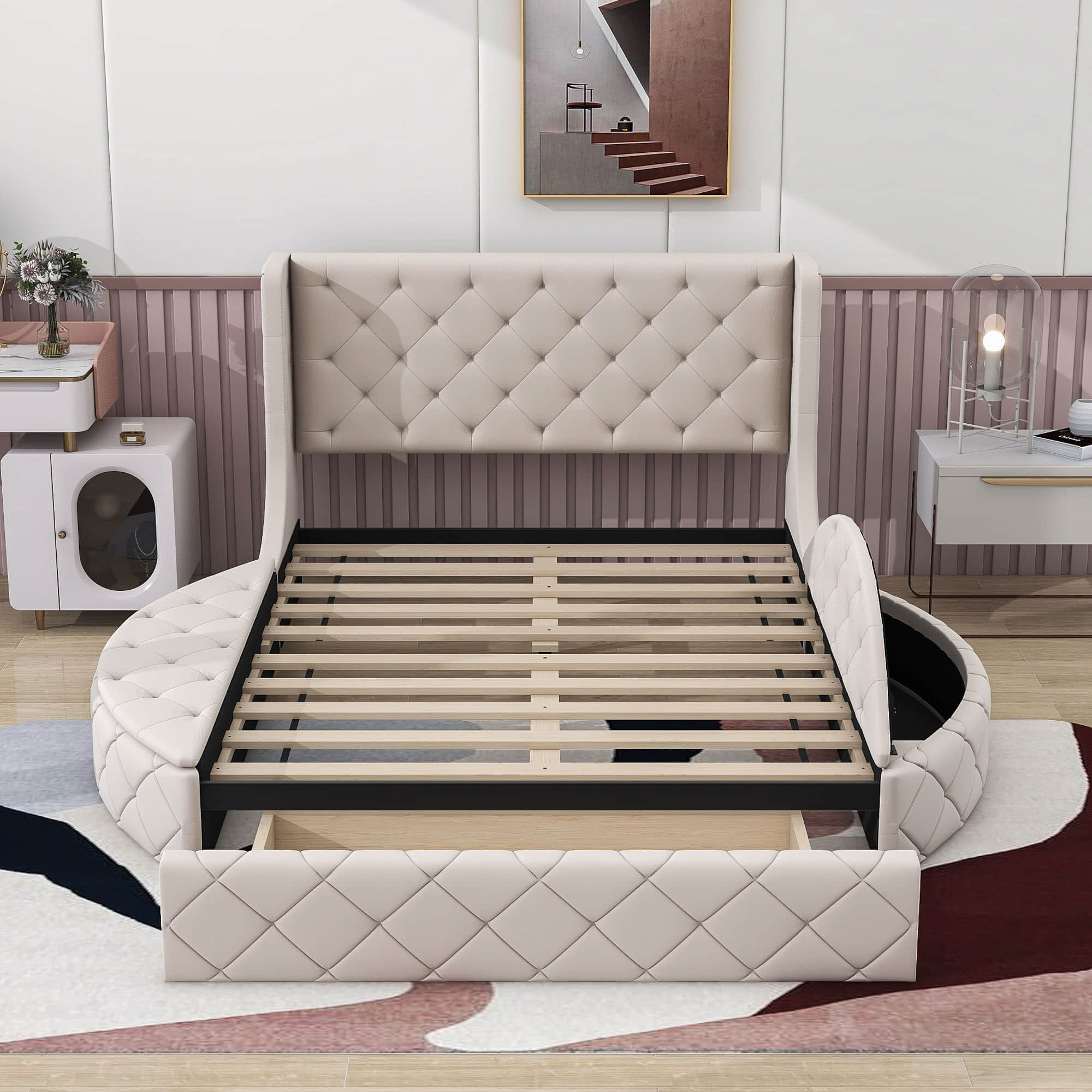 Upholstered Queen Platform Bed Frame with Wingback Headboard and Storage