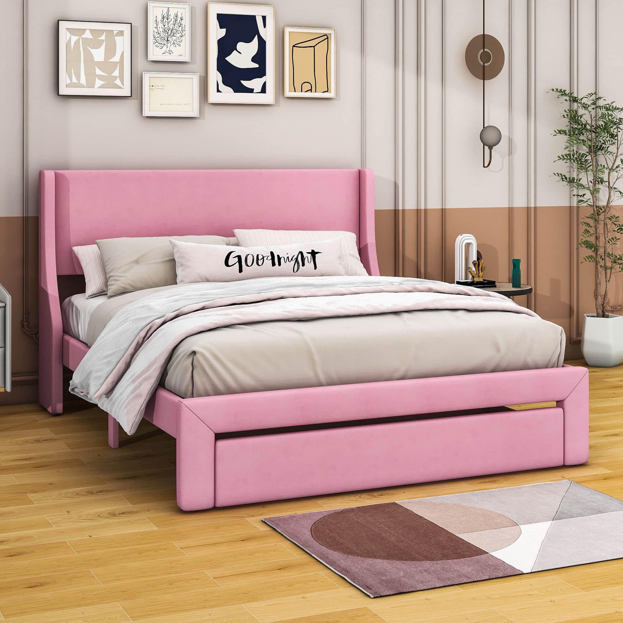 Velvet Upholstered Queen Size Platform Storage Bed with Headboard - [Drawer]