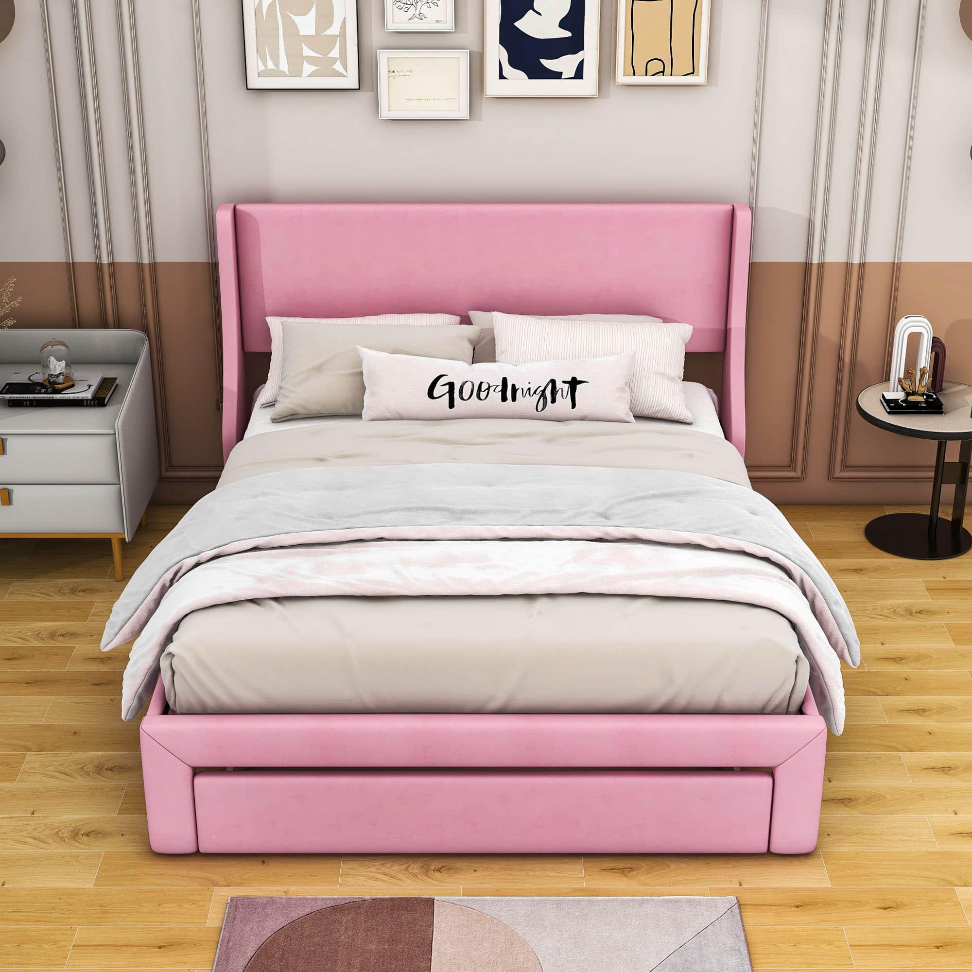 Velvet Upholstered Queen Size Platform Storage Bed with Headboard - [Drawer]