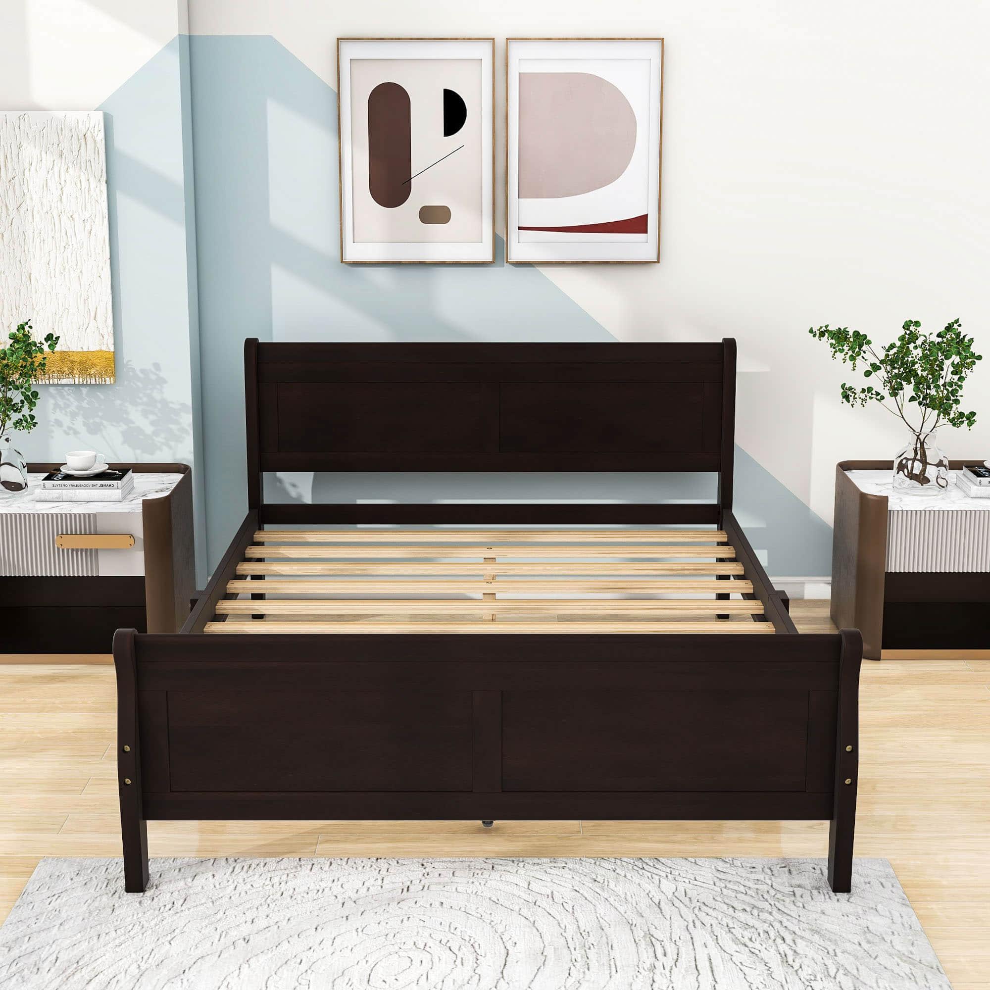 Wooden Queen Size Sleigh Bed with Headboard and Footboard