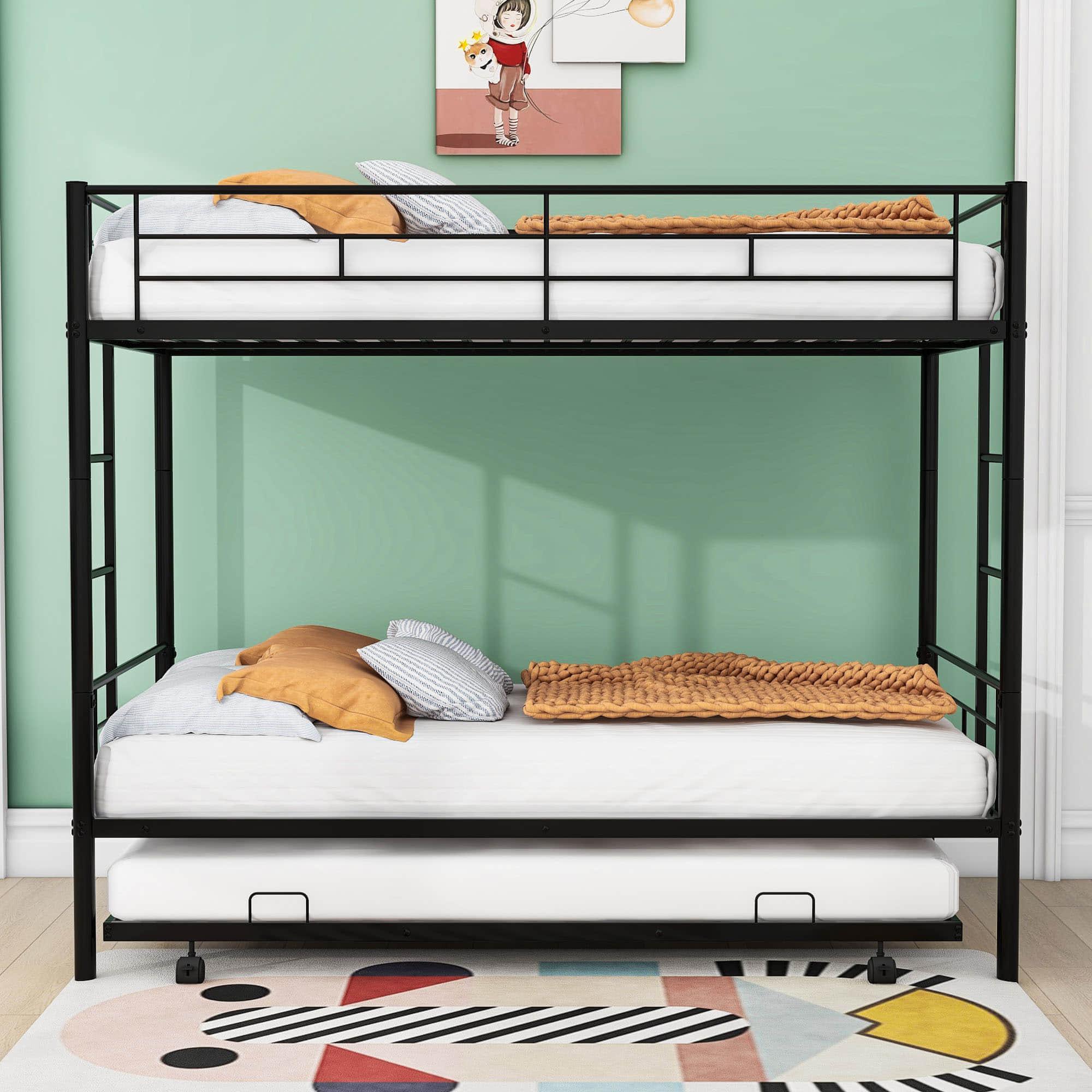 Metal Twin Over Twin Bunk Bed with Trundle - [Convertible, Noise Reduced]