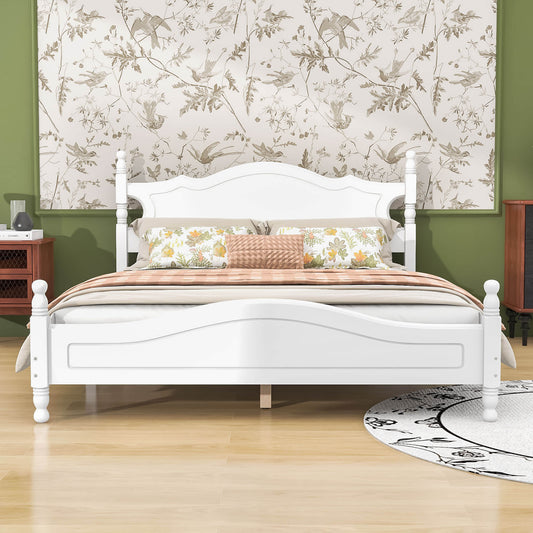 Traditional Wood Queen Size Low Profile Platform Bed Frame with Headboard