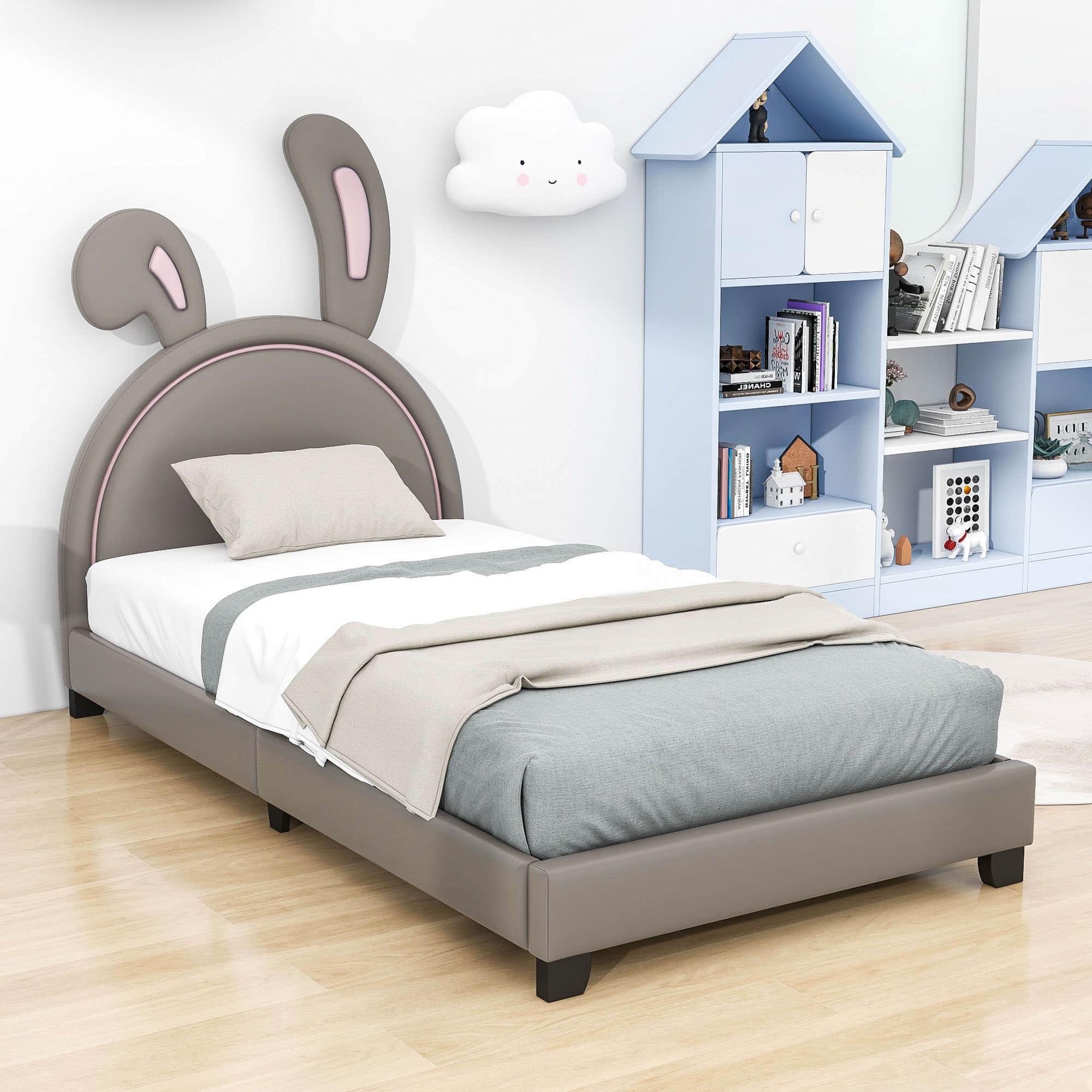 Cute Low Twin Girls Leather Upholstered Platform Bed with Headboard