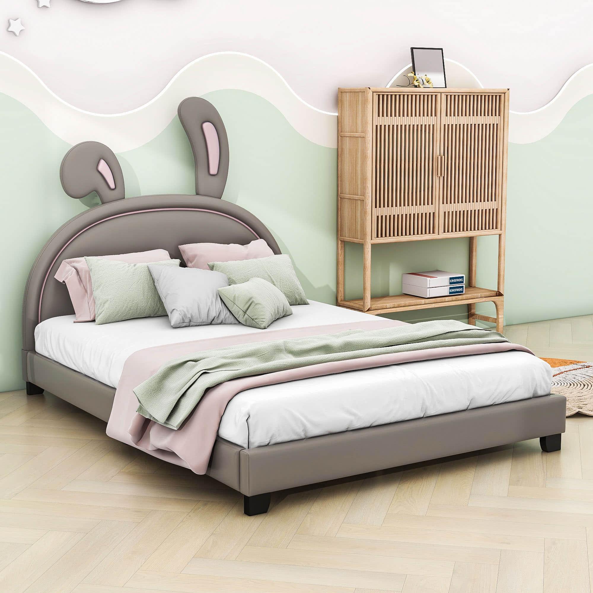 Cute Low Full Girls Leather Upholstered Platform Bed with Headboard