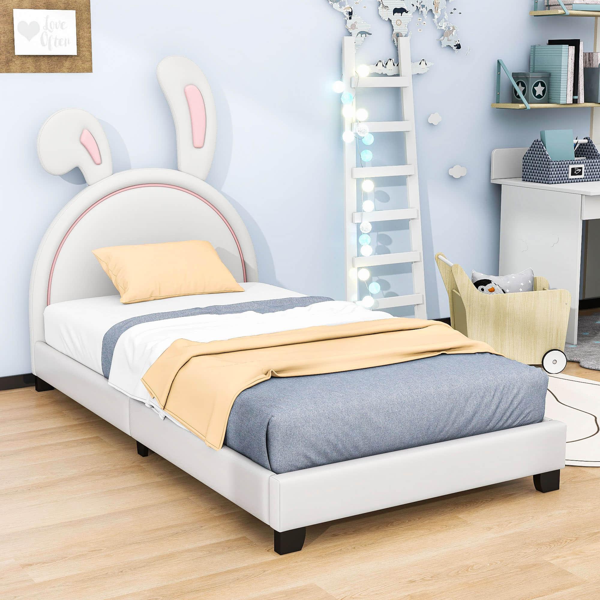 Cute Low Twin Girls Leather Upholstered Platform Bed with Headboard