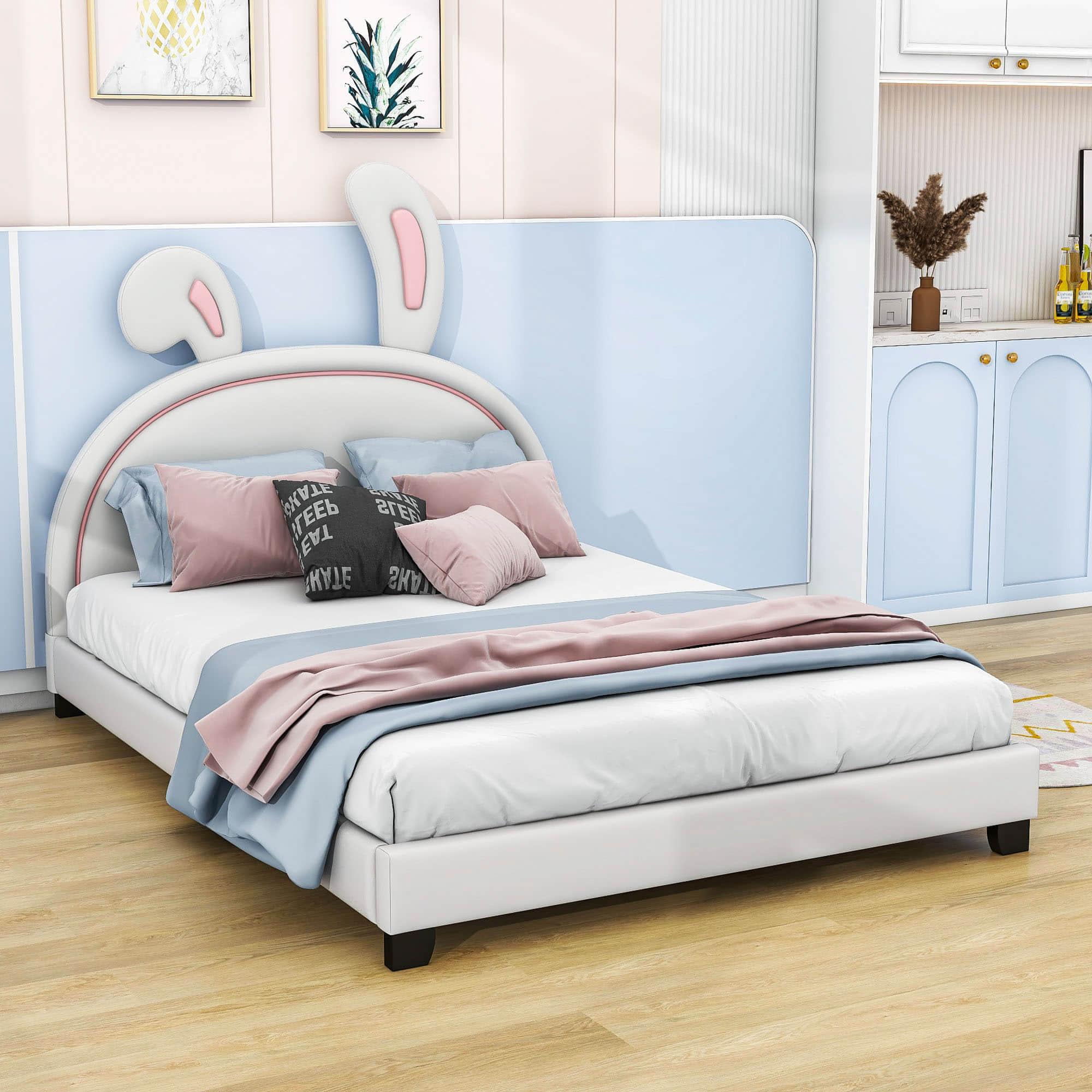 Cute Low Full Girls Leather Upholstered Platform Bed with Headboard