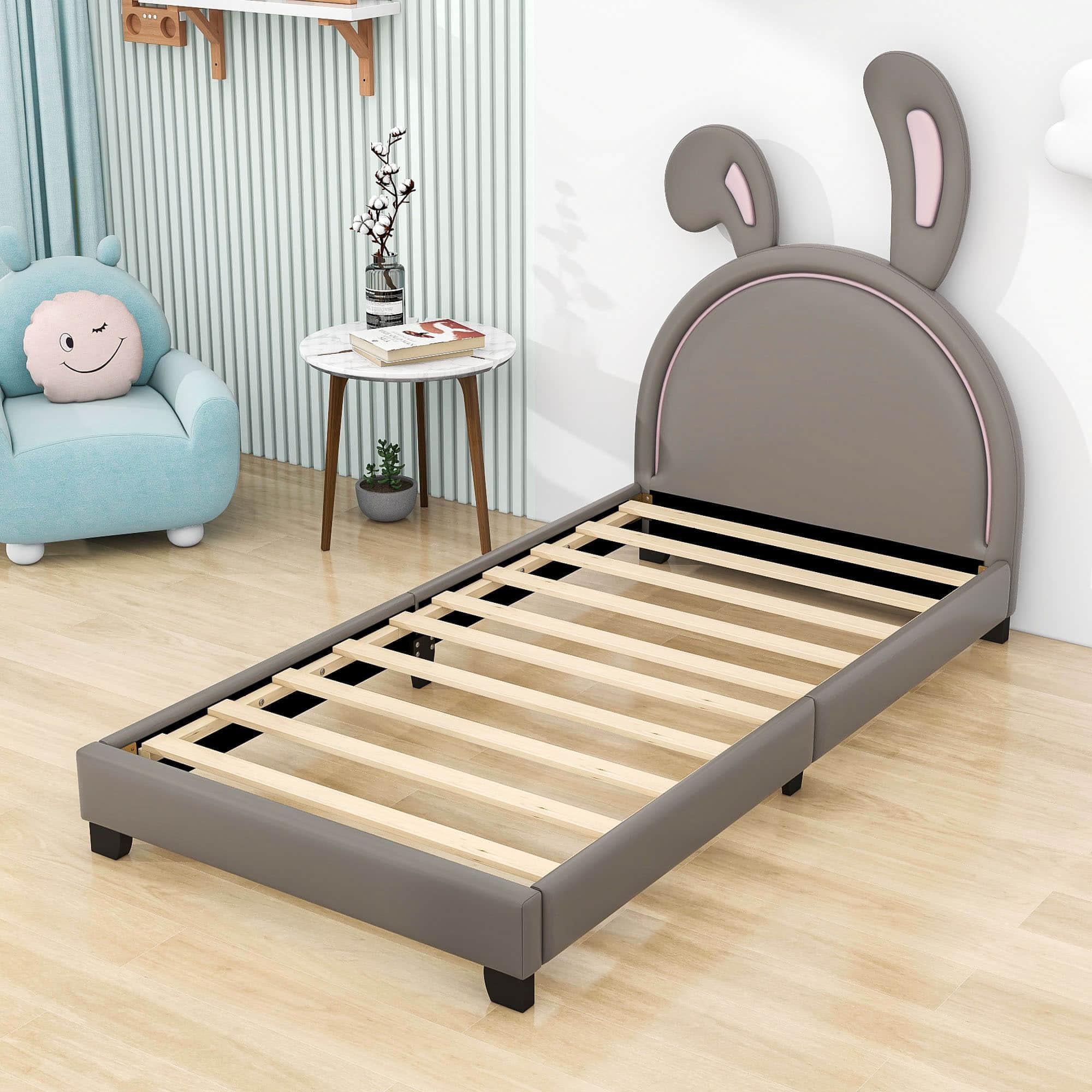 Cute Low Twin Girls Leather Upholstered Platform Bed with Headboard