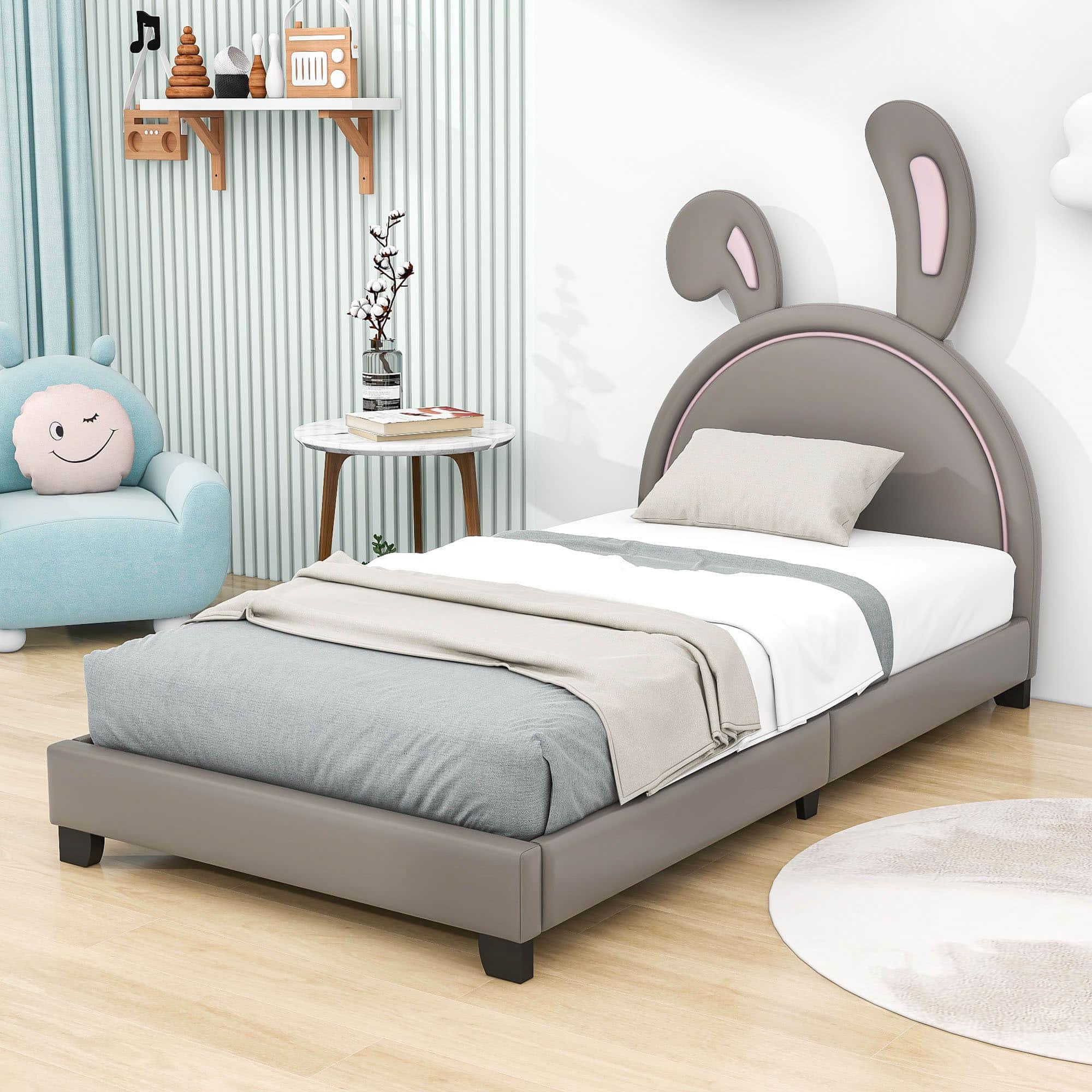 Cute Low Twin Girls Leather Upholstered Platform Bed with Headboard