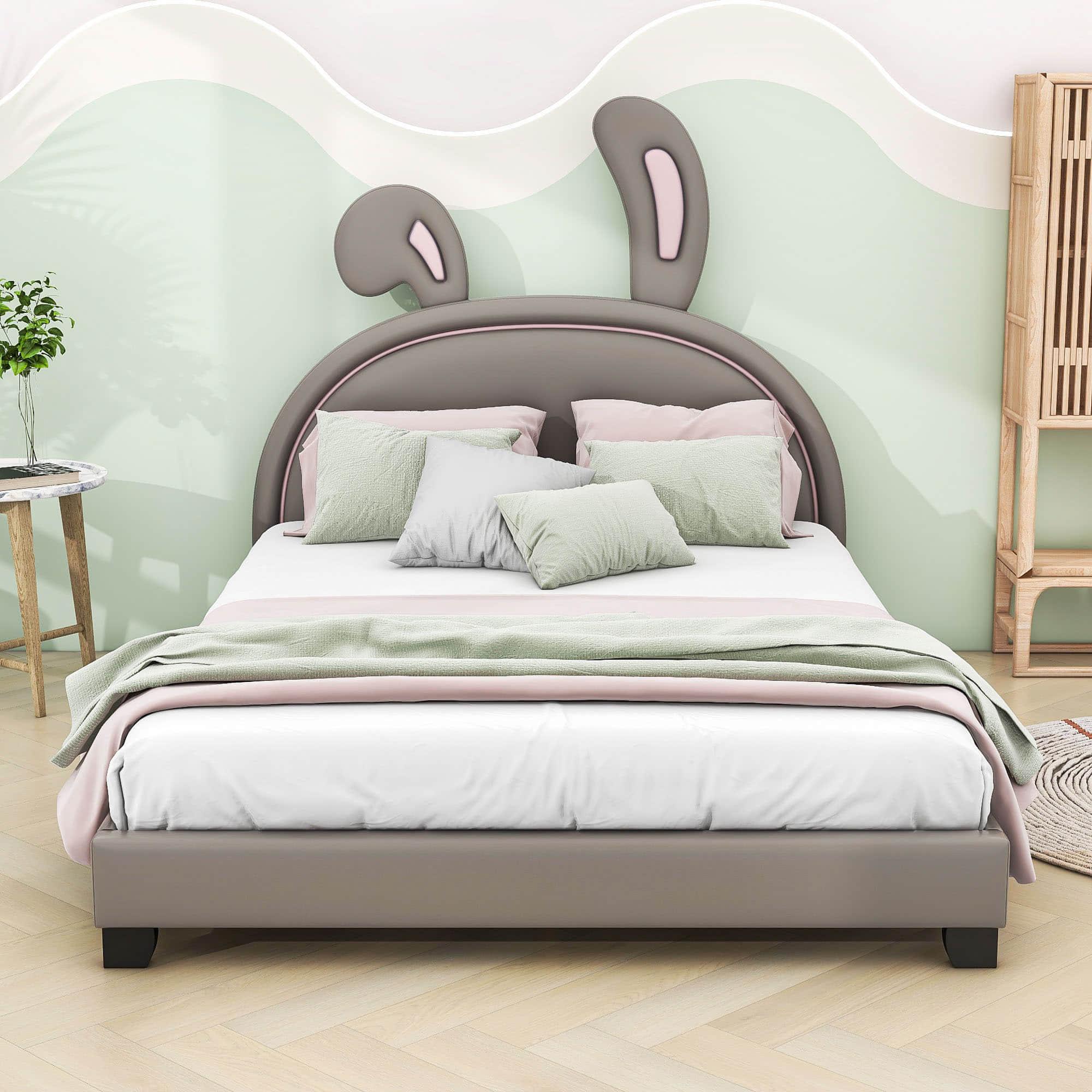 Cute Low Full Girls Leather Upholstered Platform Bed with Headboard